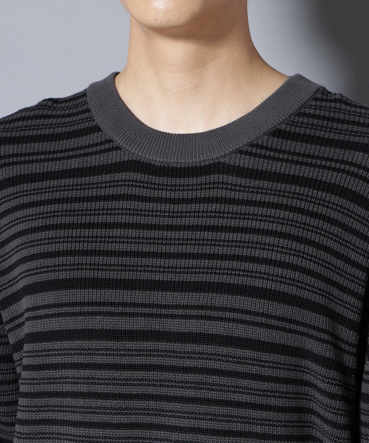 マーセライズコットン 畦ボーダークルーネックニット