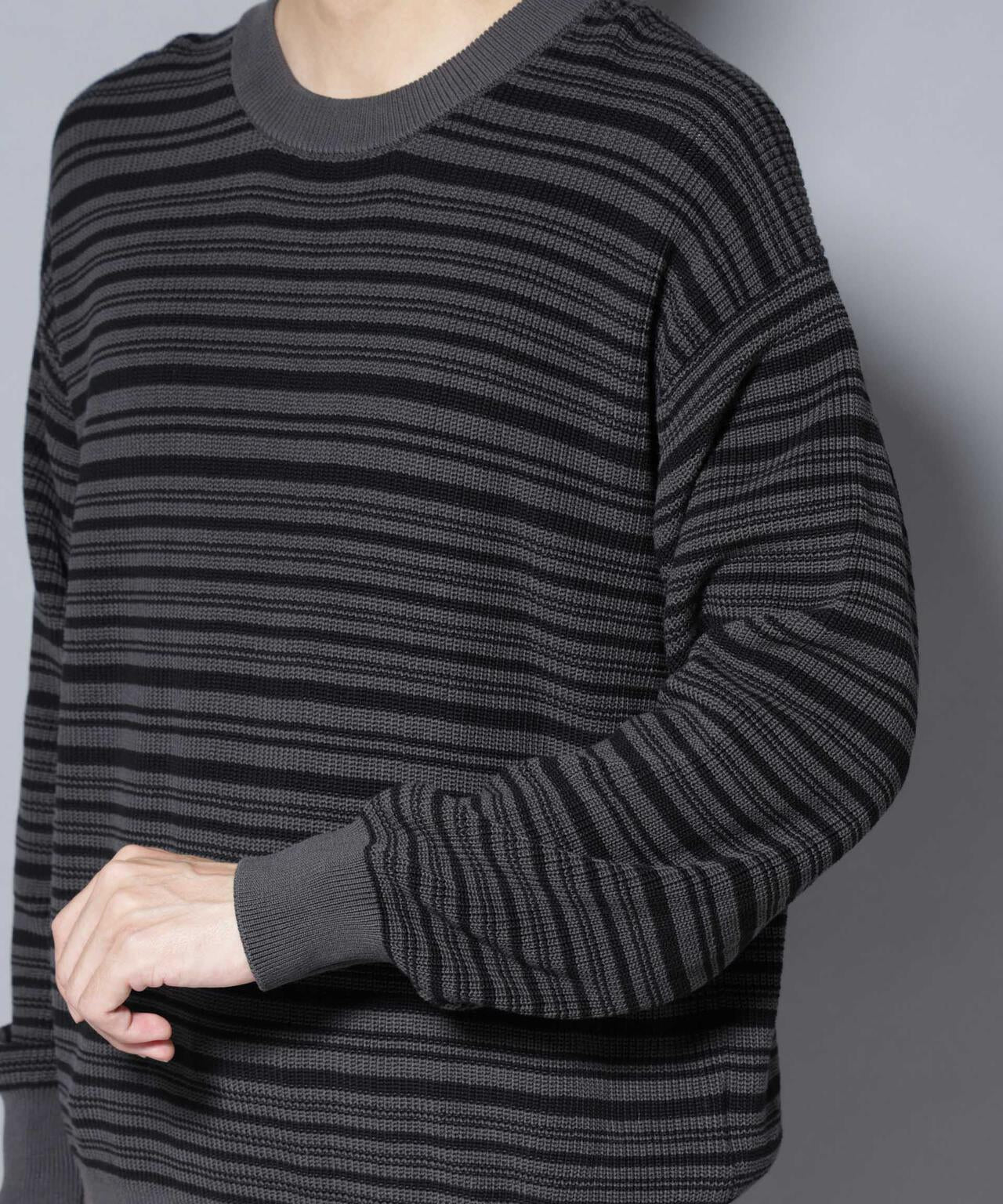 マーセライズコットン 畦ボーダークルーネックニット 6685222220