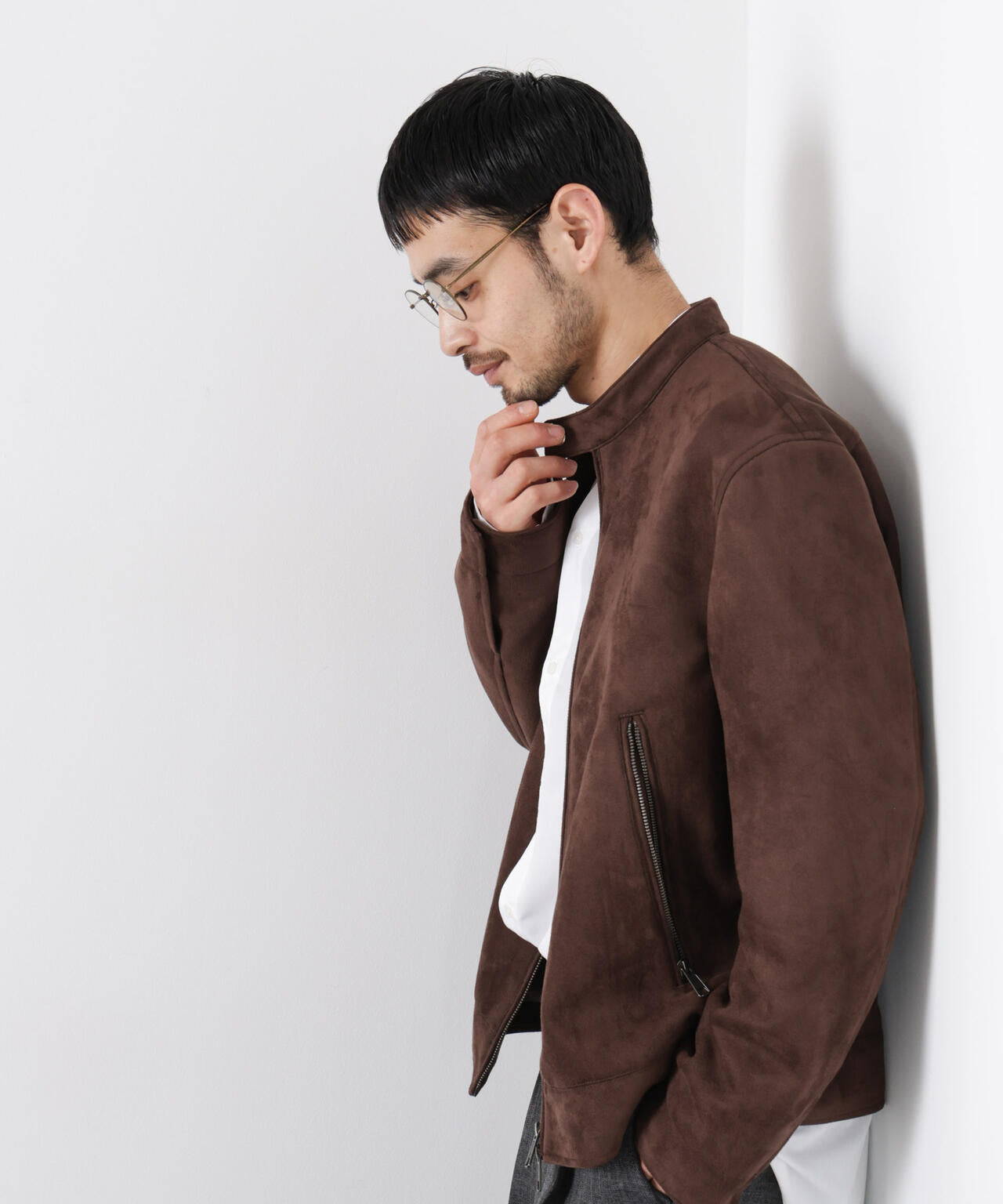 フェイクスエードバンドカラーライダースジャケット