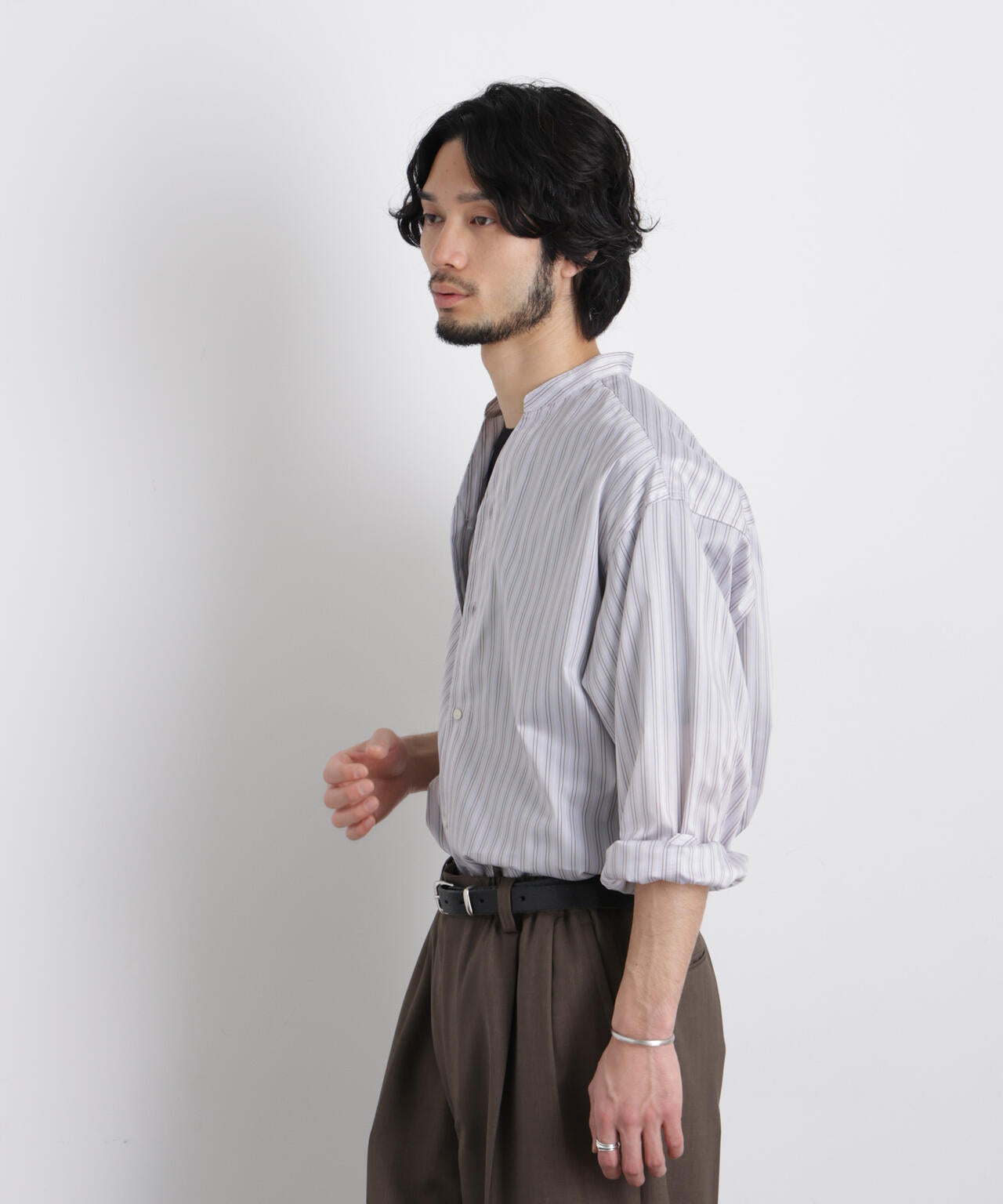 「OtoNANO」大人のワイドシャツバンドカラー ストライプ長袖 6686120210