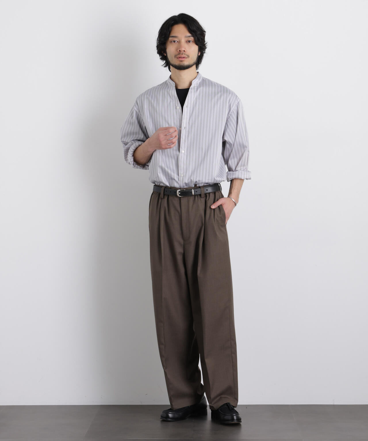 「OtoNANO」大人のワイドシャツバンドカラー ストライプ長袖 6686120210