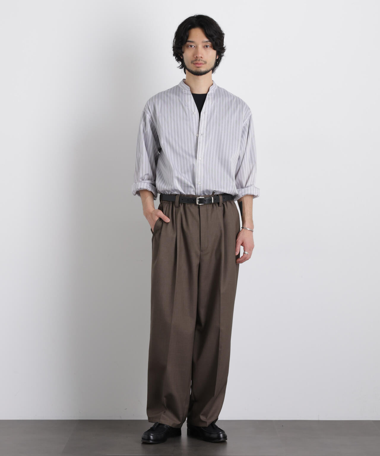 「OtoNANO」大人のワイドシャツバンドカラー ストライプ長袖 6686120210