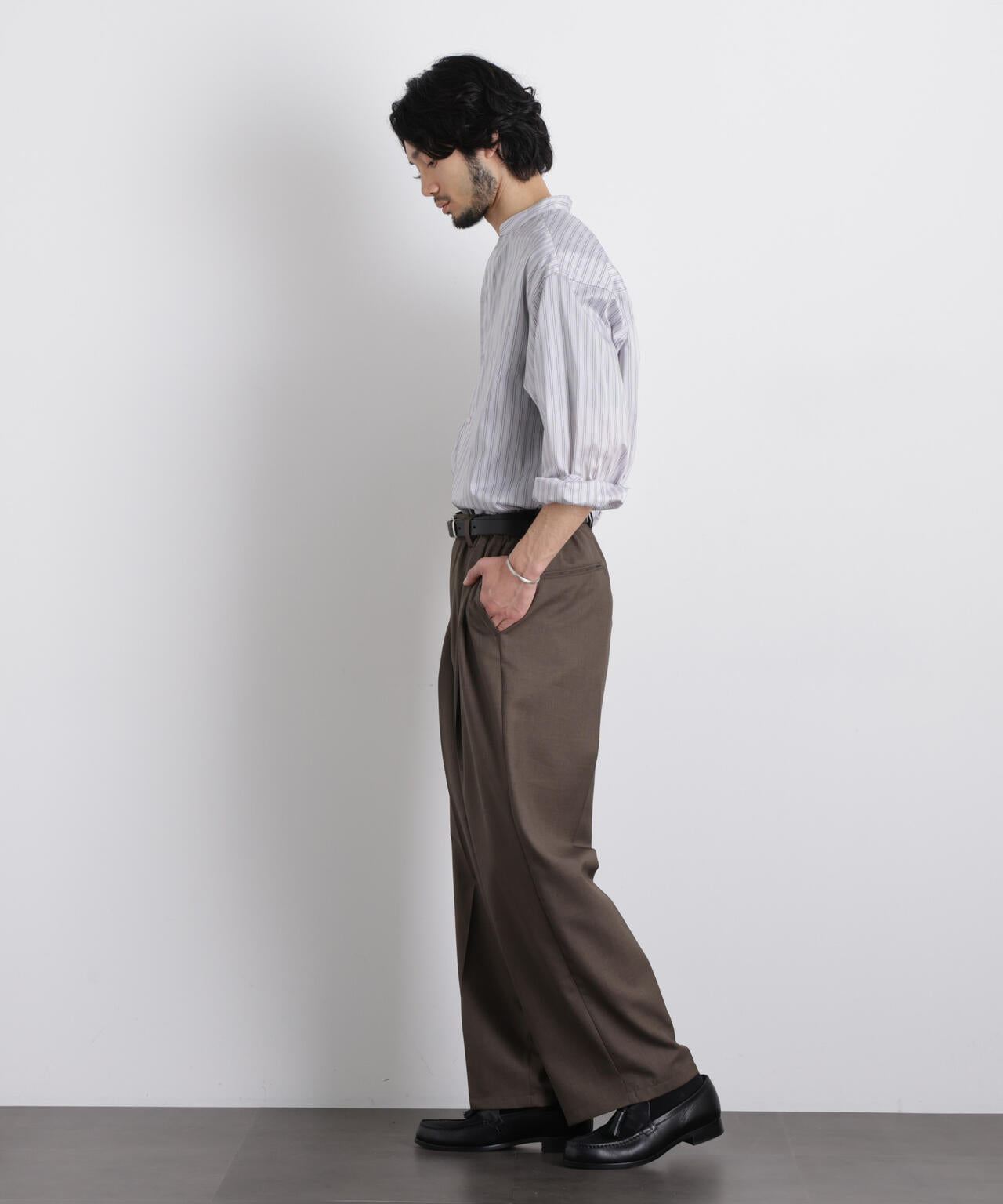 「OtoNANO」大人のワイドシャツバンドカラー ストライプ長袖 6686120210