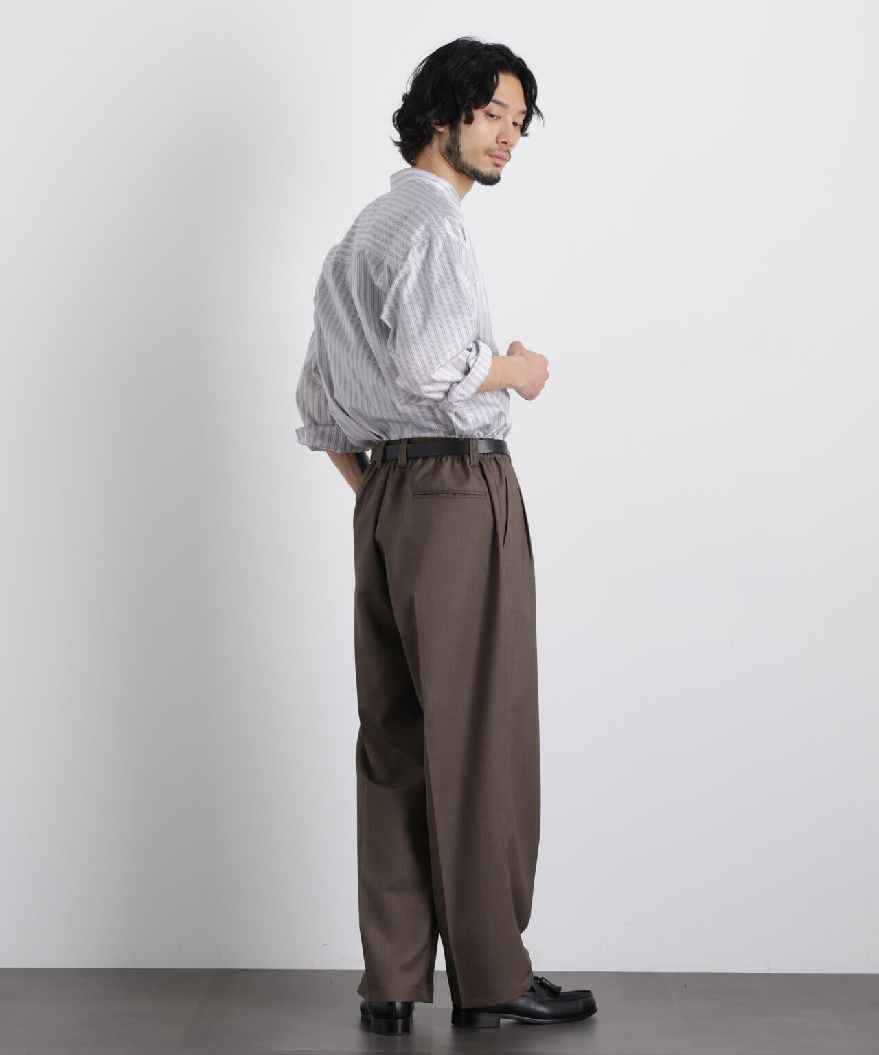 「OtoNANO」大人のワイドシャツバンドカラー ストライプ長袖 6686120210