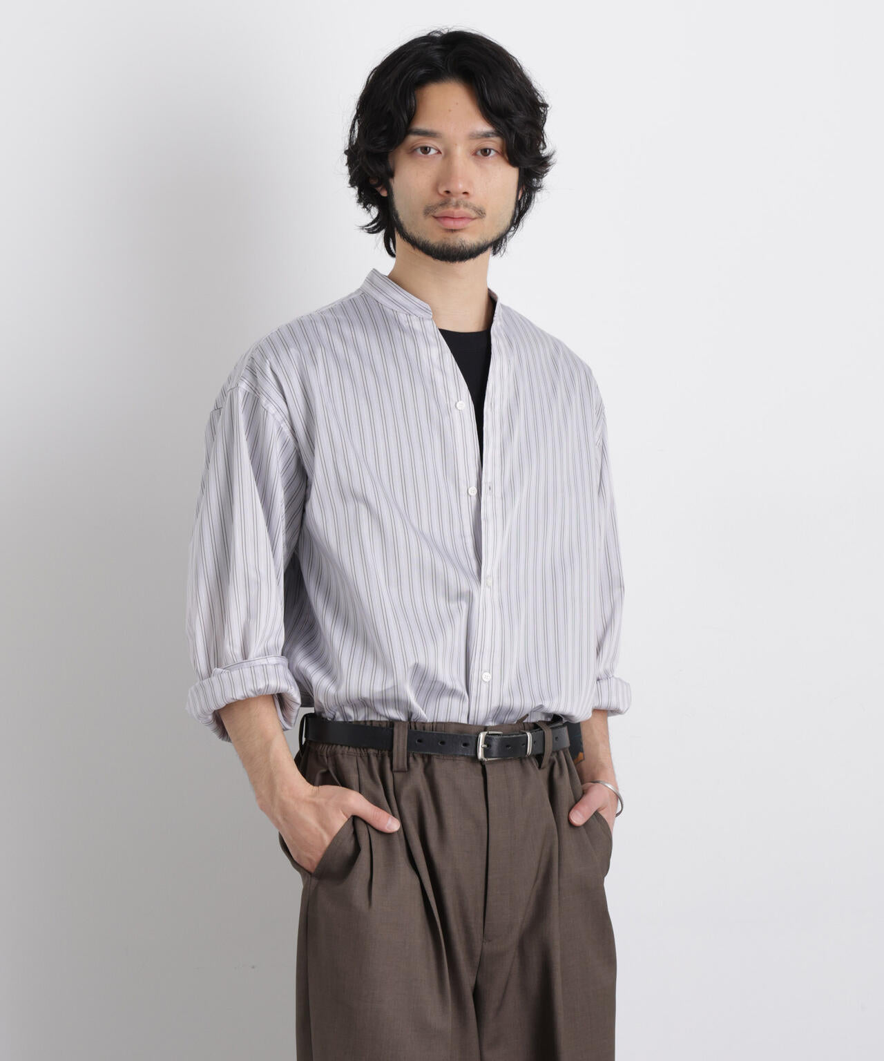 OtoNANO」大人のワイドシャツバンドカラー ストライプ長袖