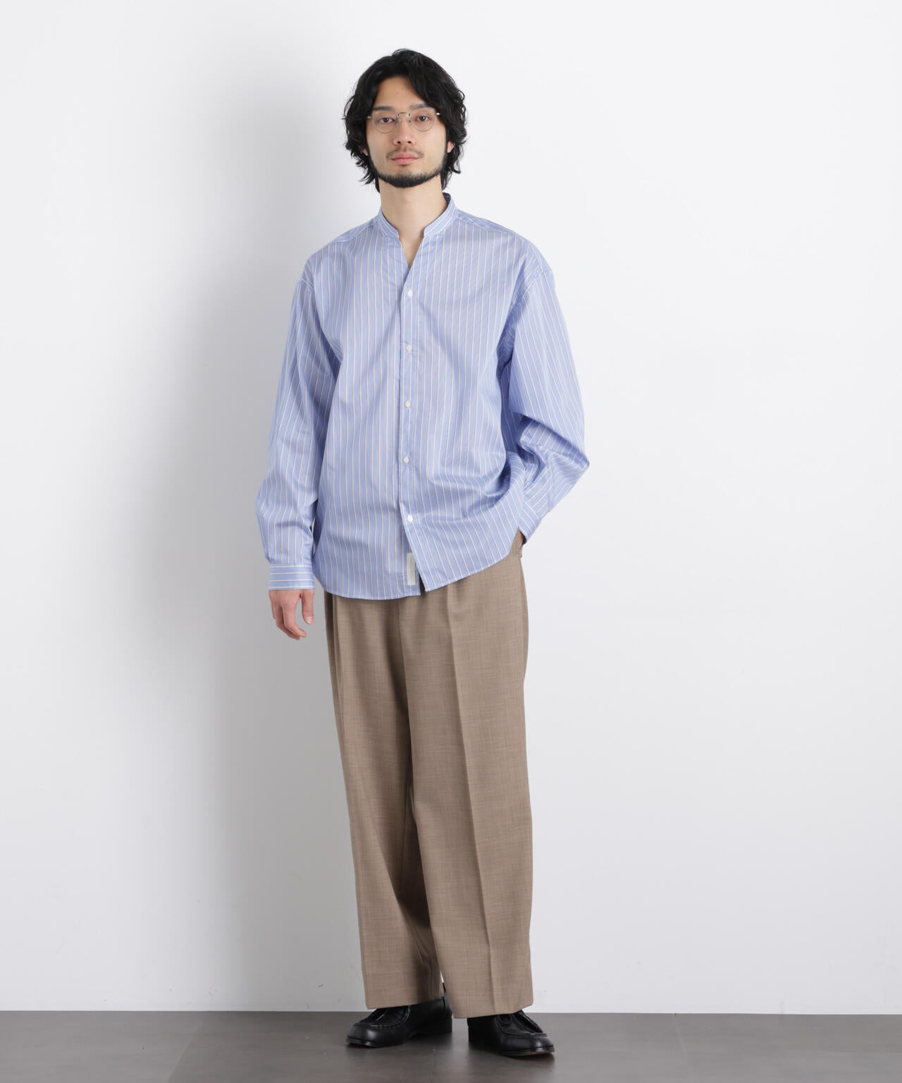 「OtoNANO」大人のワイドシャツバンドカラー ストライプ長袖 6686120210