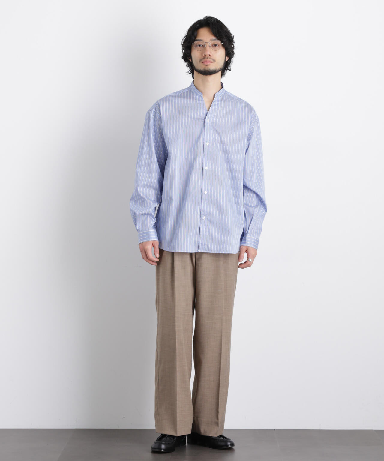 「OtoNANO」大人のワイドシャツバンドカラー ストライプ長袖 6686120210