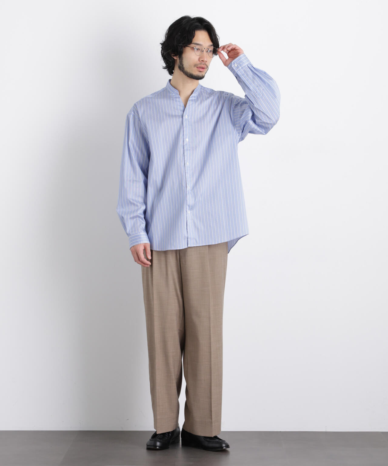 「OtoNANO」大人のワイドシャツバンドカラー ストライプ長袖 6686120210