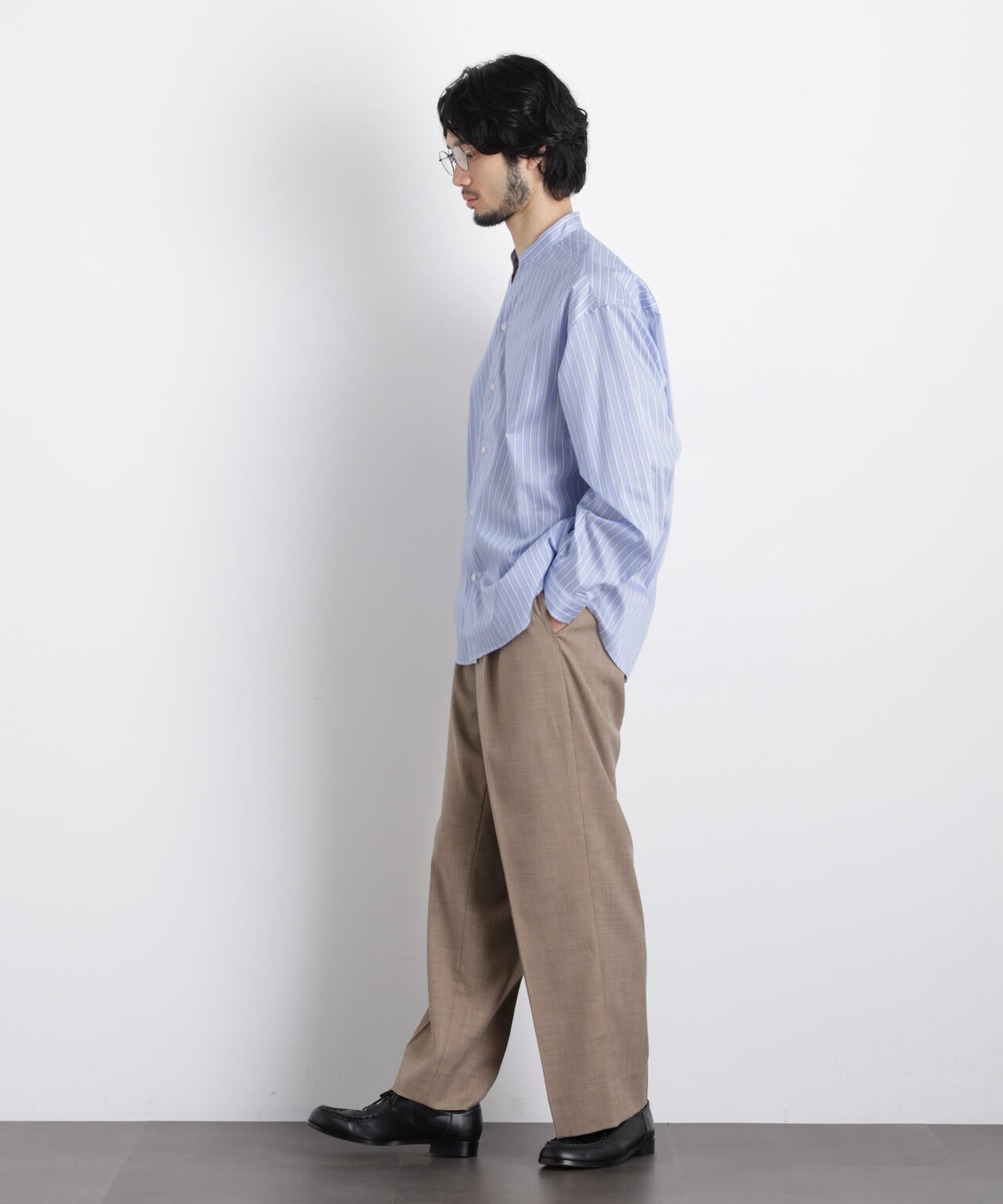 「OtoNANO」大人のワイドシャツバンドカラー ストライプ長袖 6686120210