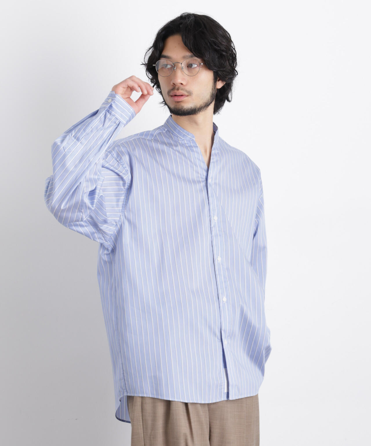 「OtoNANO」大人のワイドシャツバンドカラー ストライプ長袖 6686120210