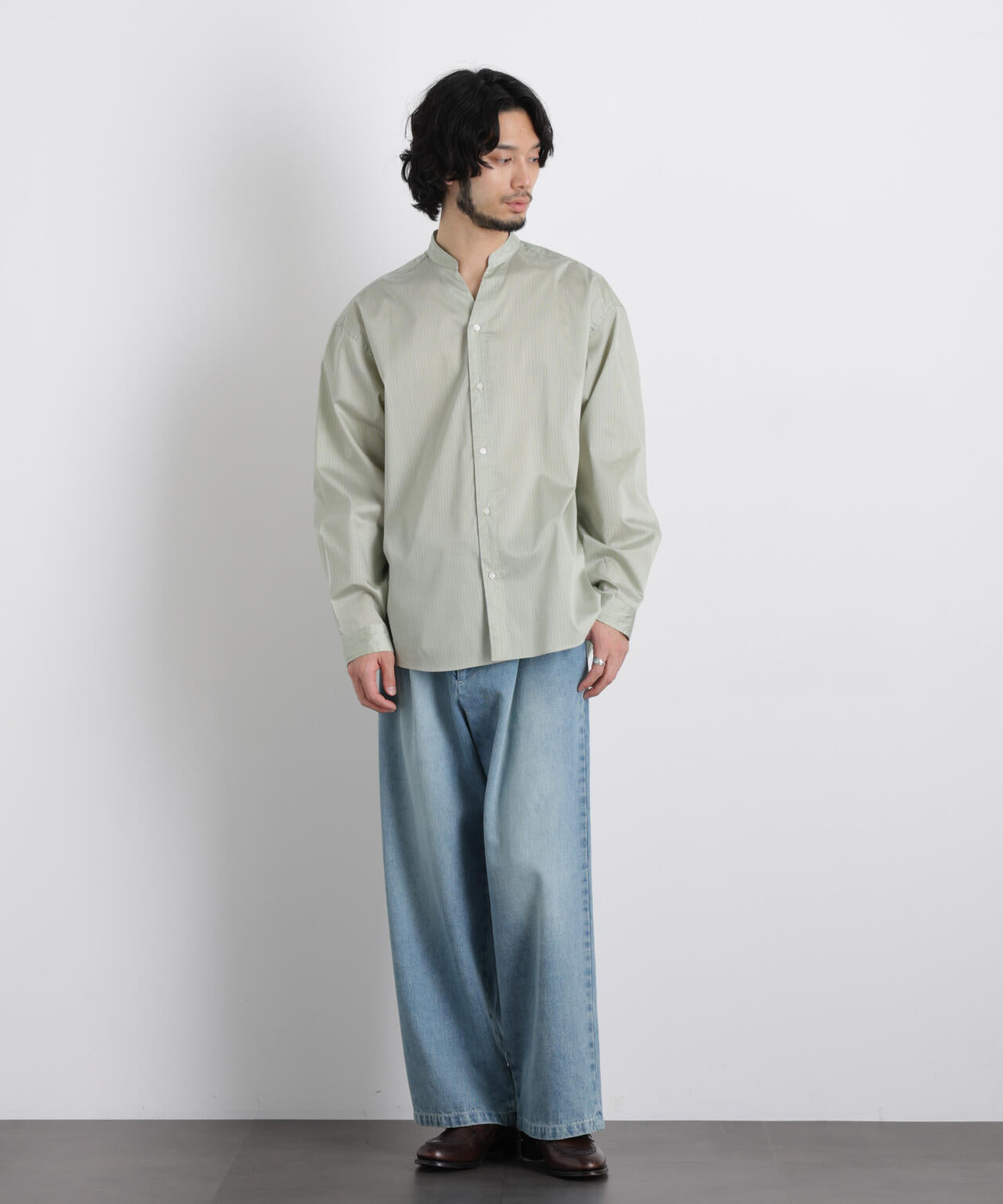 「OtoNANO」大人のワイドシャツバンドカラー ストライプ長袖 6686120210