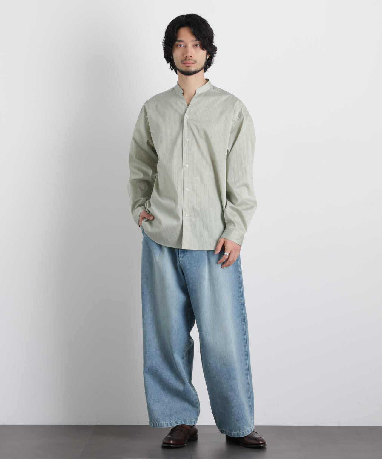 「OtoNANO」大人のワイドシャツバンドカラー ストライプ長袖 6686120210