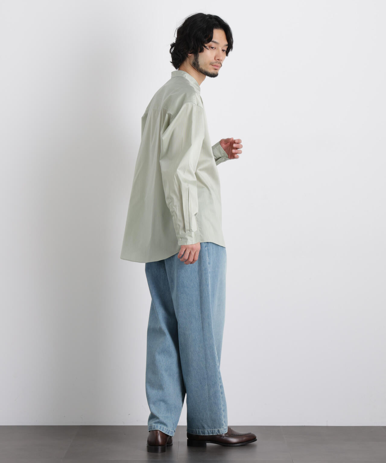 「OtoNANO」大人のワイドシャツバンドカラー ストライプ長袖 6686120210