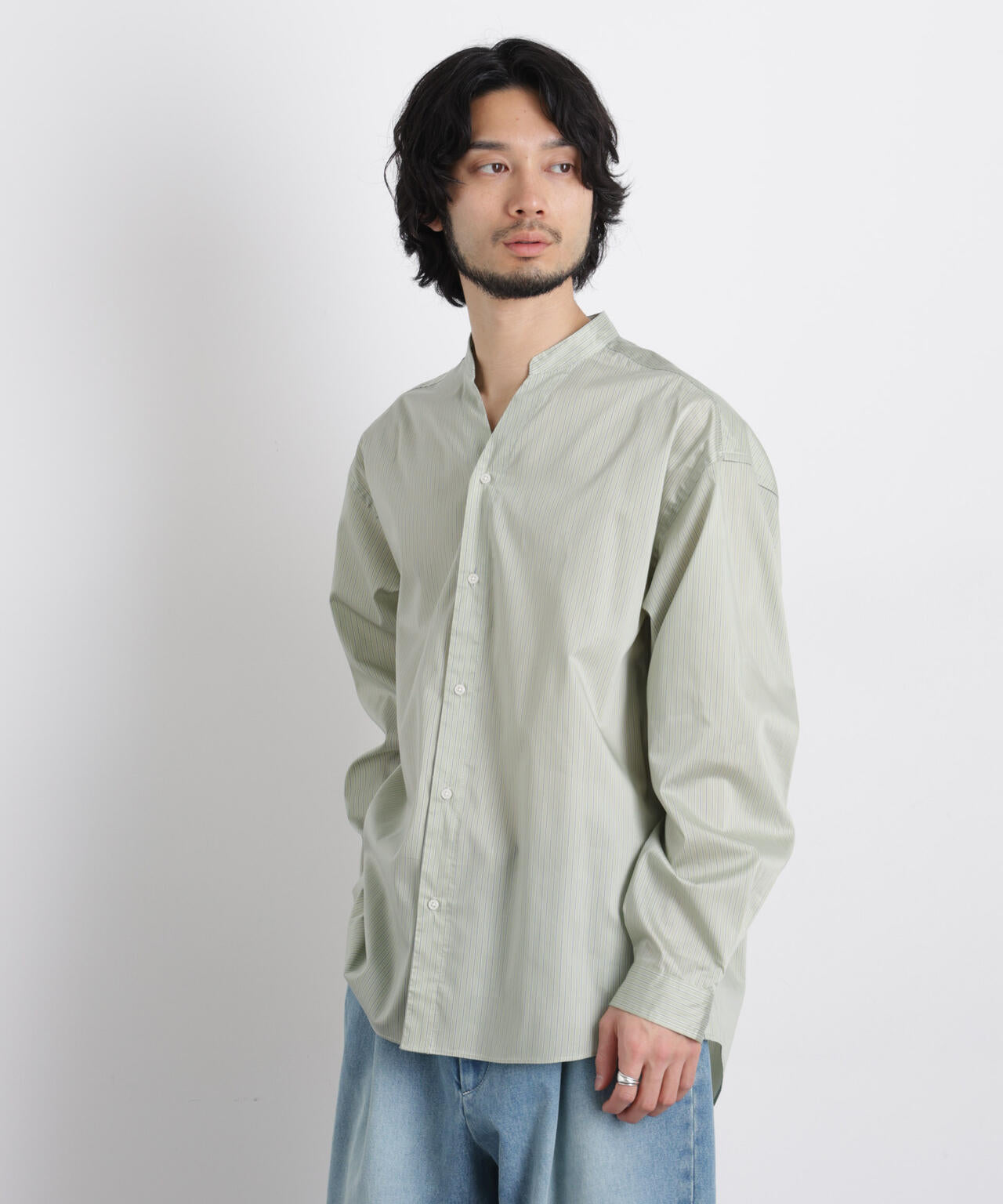 OtoNANO」大人のワイドシャツバンドカラー ストライプ長袖