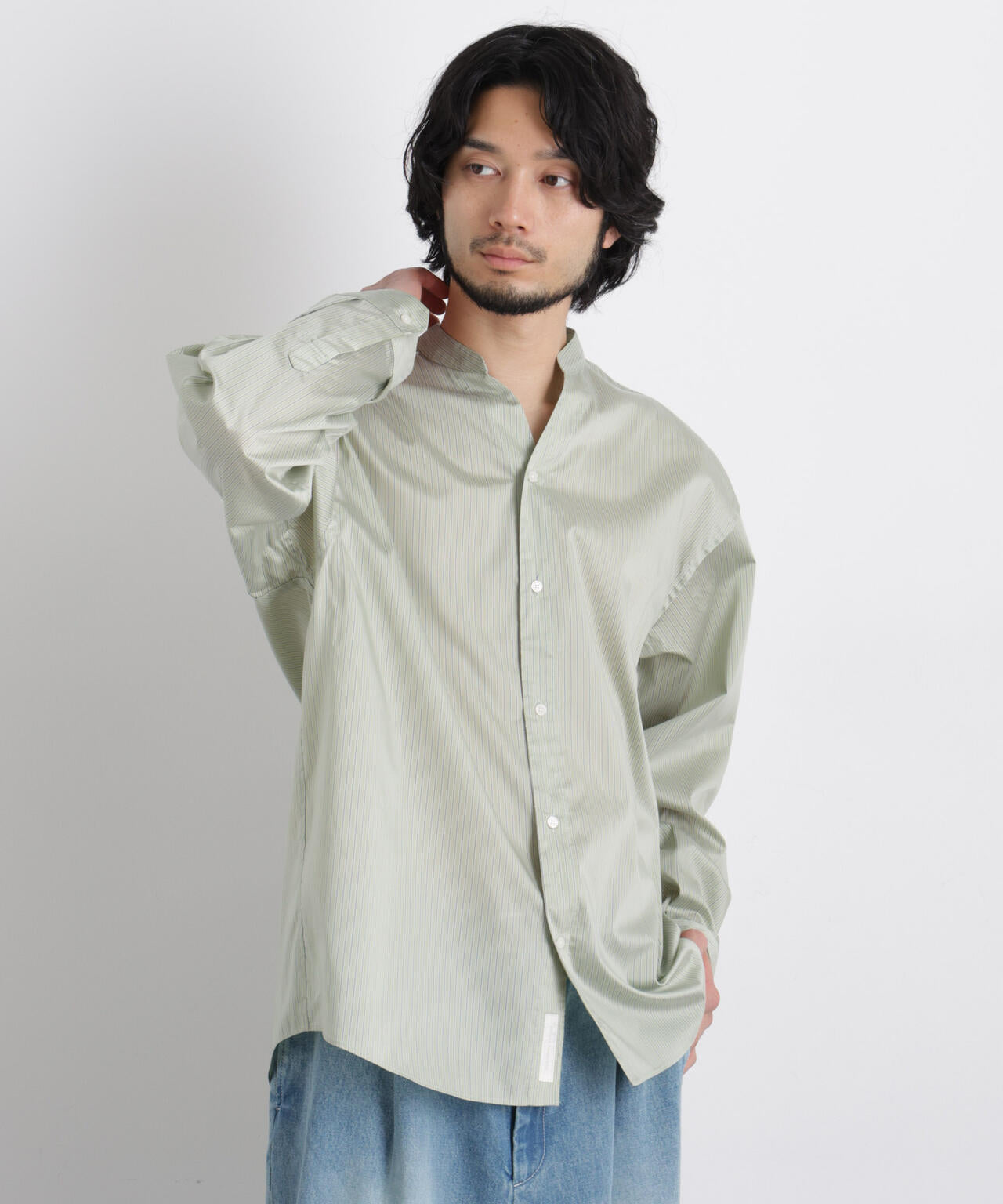 OtoNANO」大人のワイドシャツバンドカラー ストライプ長袖
