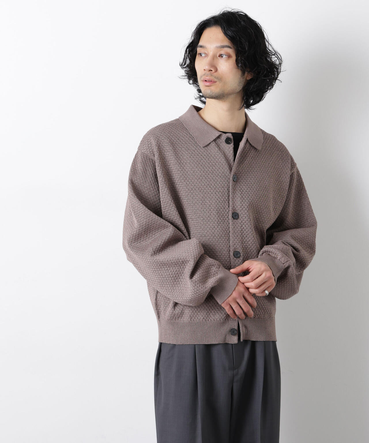 SOVEREIGN ニットポロ　バーガンディー CAMBIO(カンビオ)】Pigment Waffle Knit Short Sleeve Pullover クルー