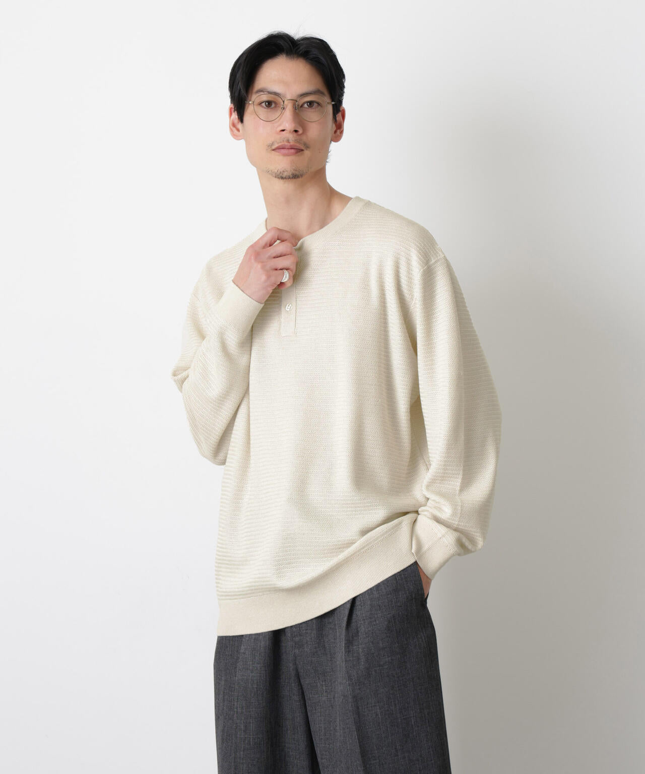 テクスチャーヘンリーネックニット 6686122205