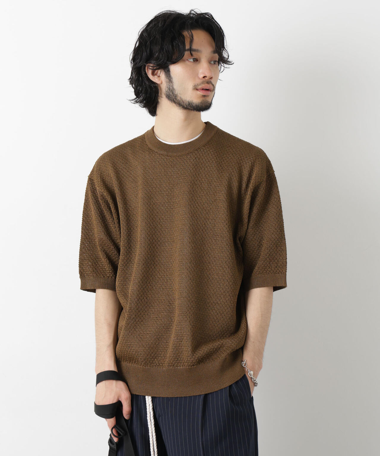 45Rギマニットソー　半袖サイズ3 コットン100% ダークブラウン ギマクルーネック ニットTシャツ
