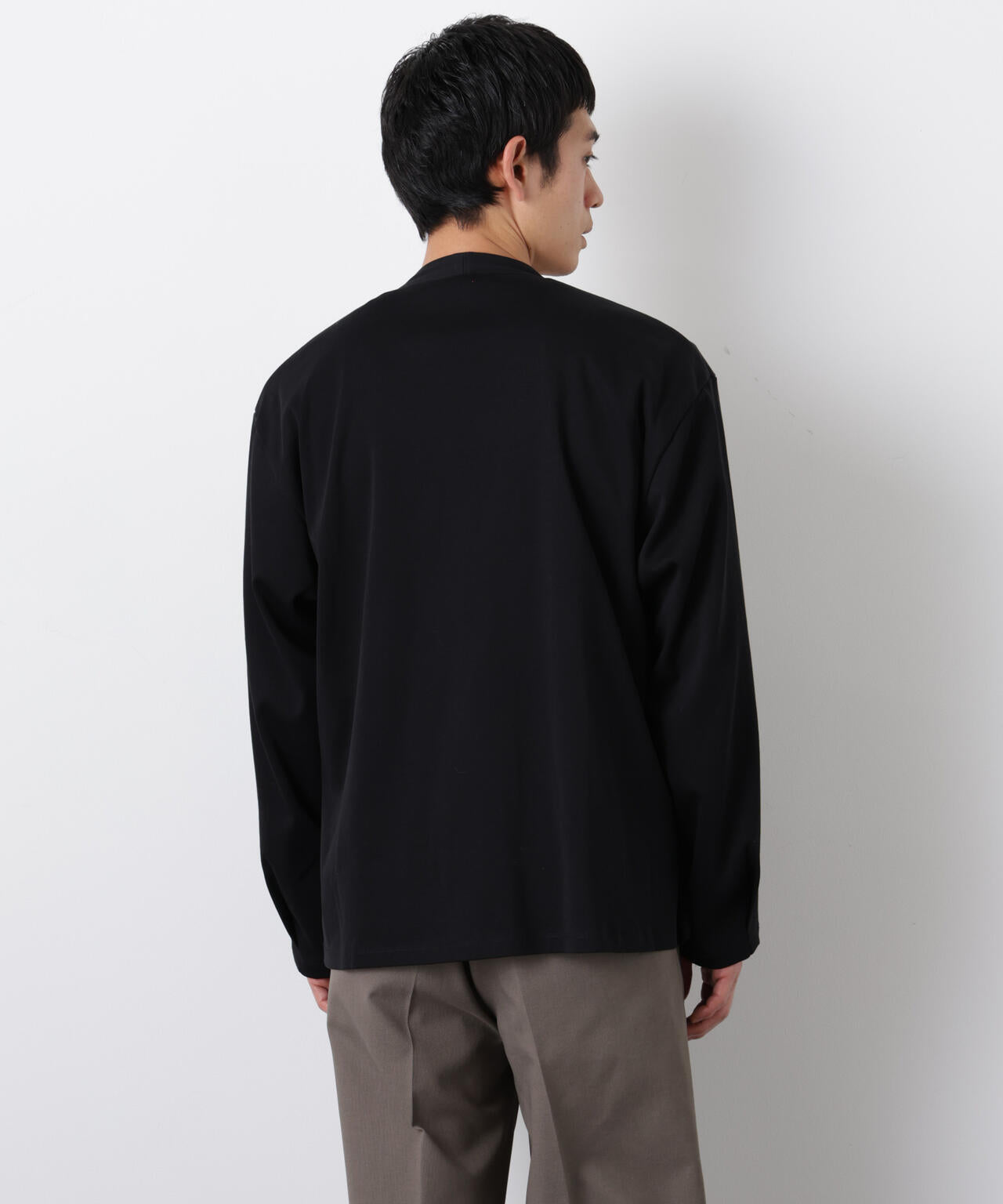 ナノユニバース　ラムレザー　ノーカラー　レザーカーディガン　ブラック FORMAL JERSEY」ノーカラーカーディガン