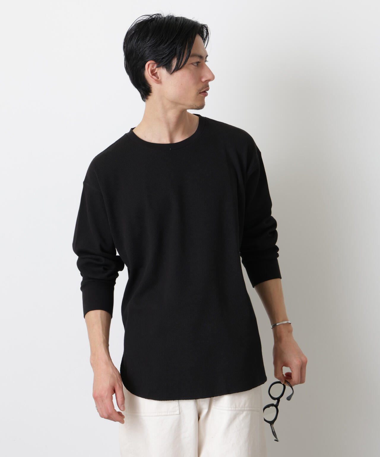 ミニワッフルクルーネックTシャツ 長袖