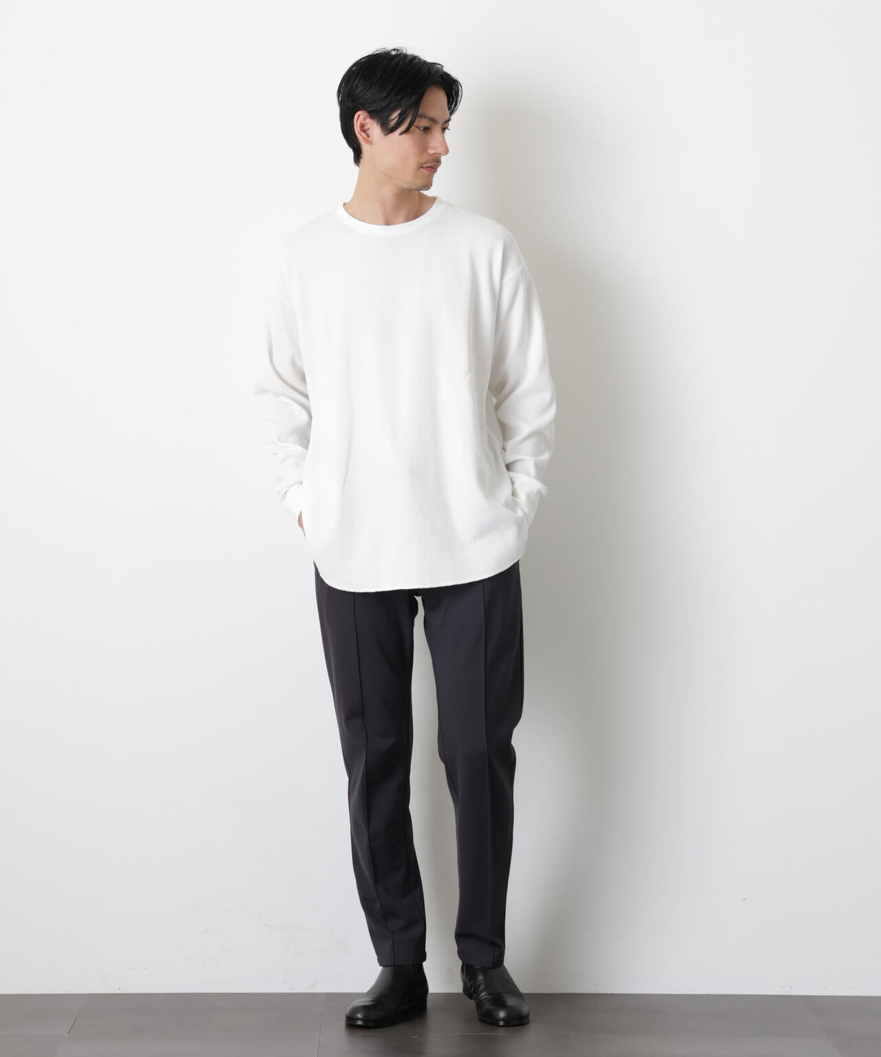 ミニワッフルクルーネックTシャツ 長袖 6686123213