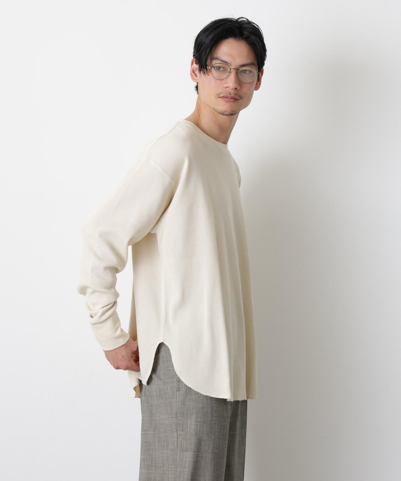 ミニワッフルクルーネックTシャツ 長袖 6686123213