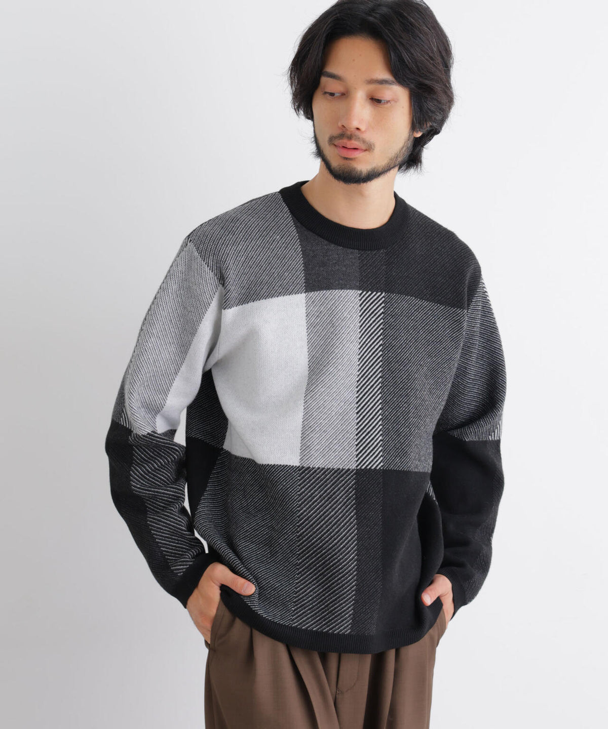 ブロックチェッククルーネックニット 6686222217