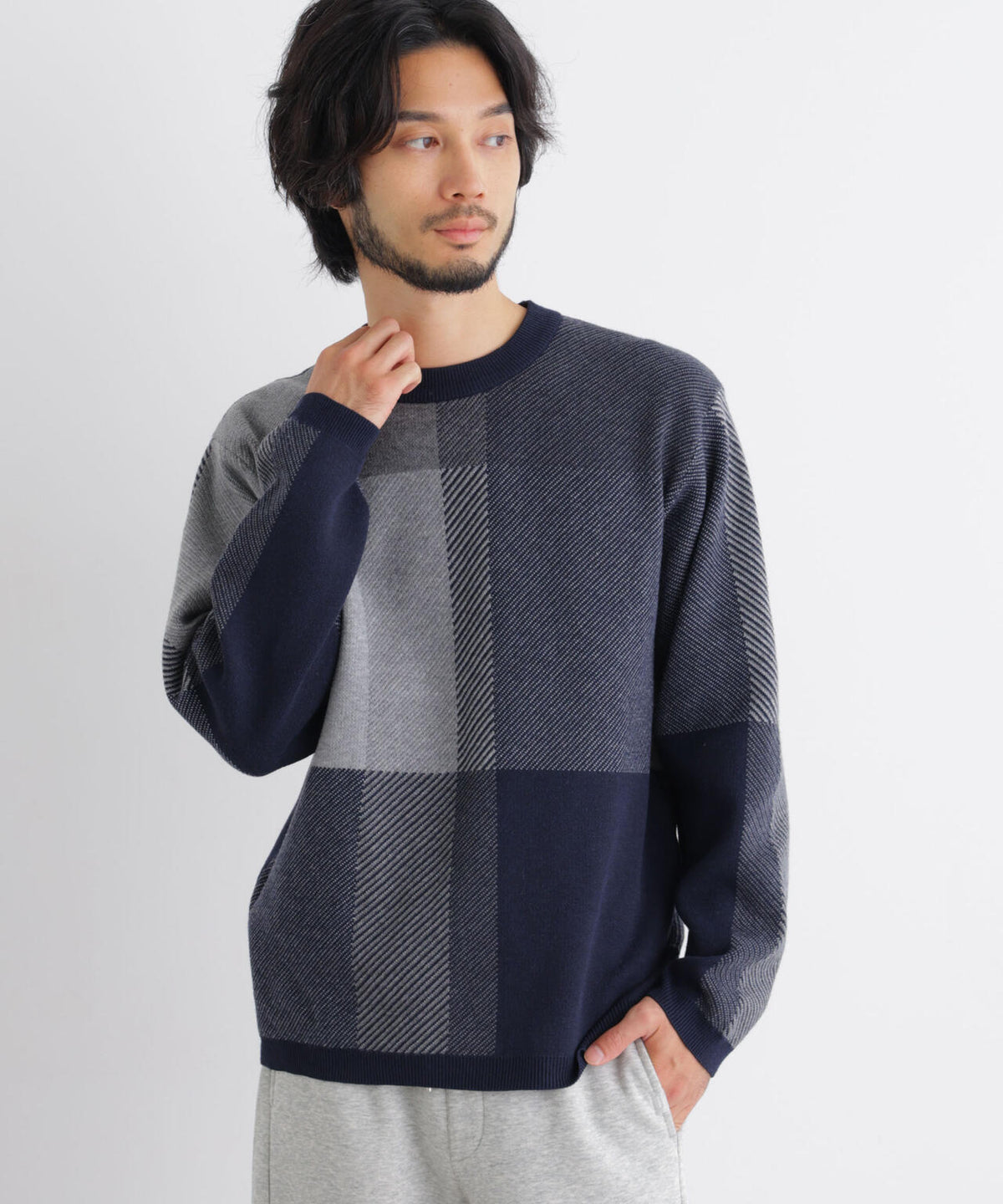 ブロックチェッククルーネックニット 6686222217