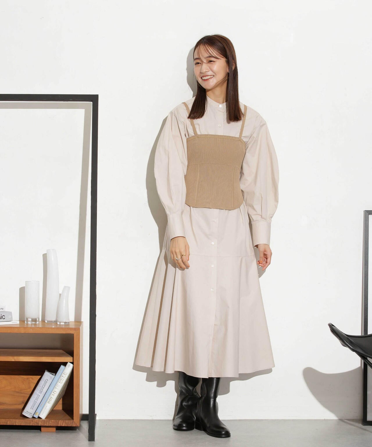 ヘムフレアバンドカラーシャツワンピース 6693219316