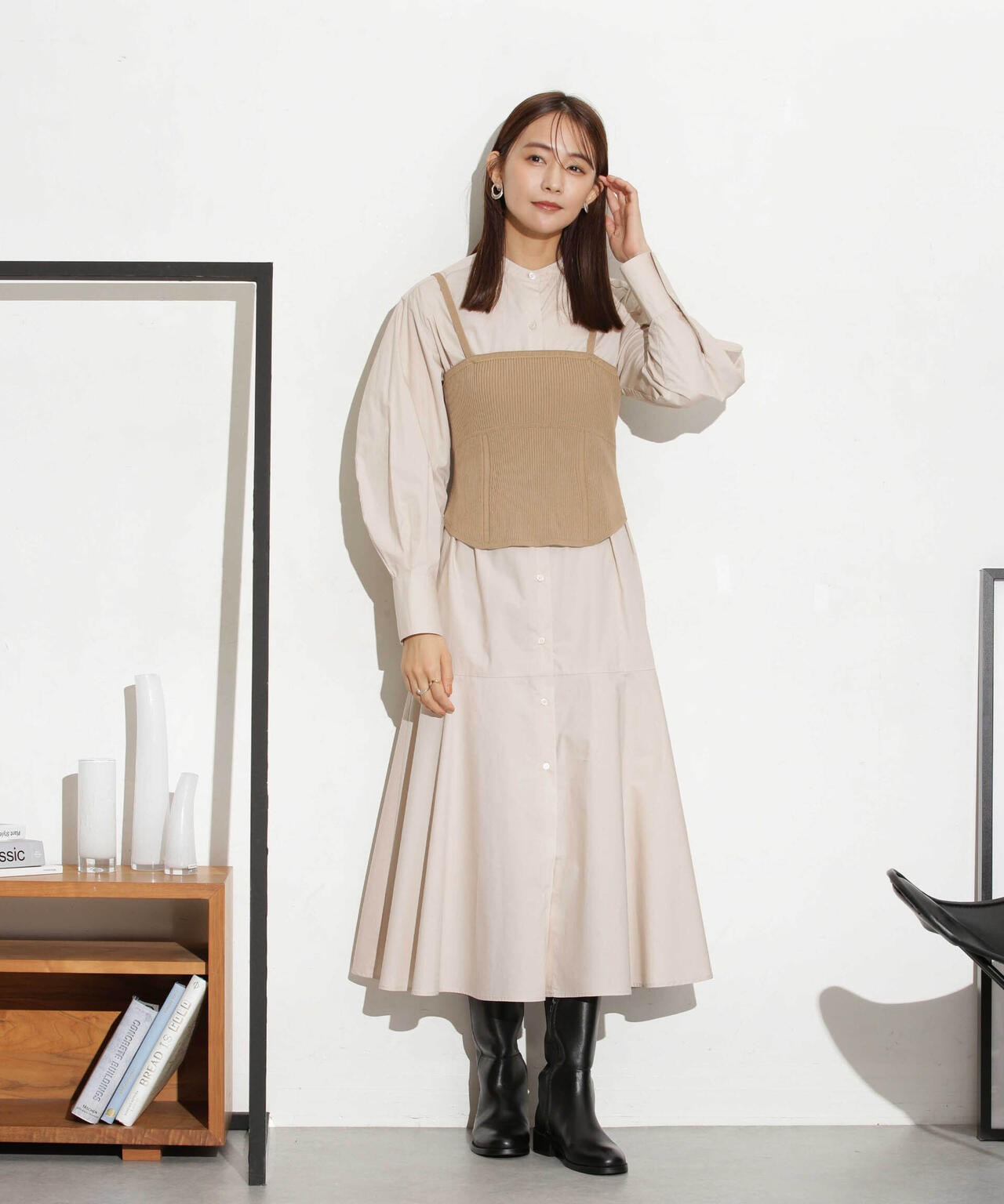 ヘムフレアバンドカラーシャツワンピース 6693219316