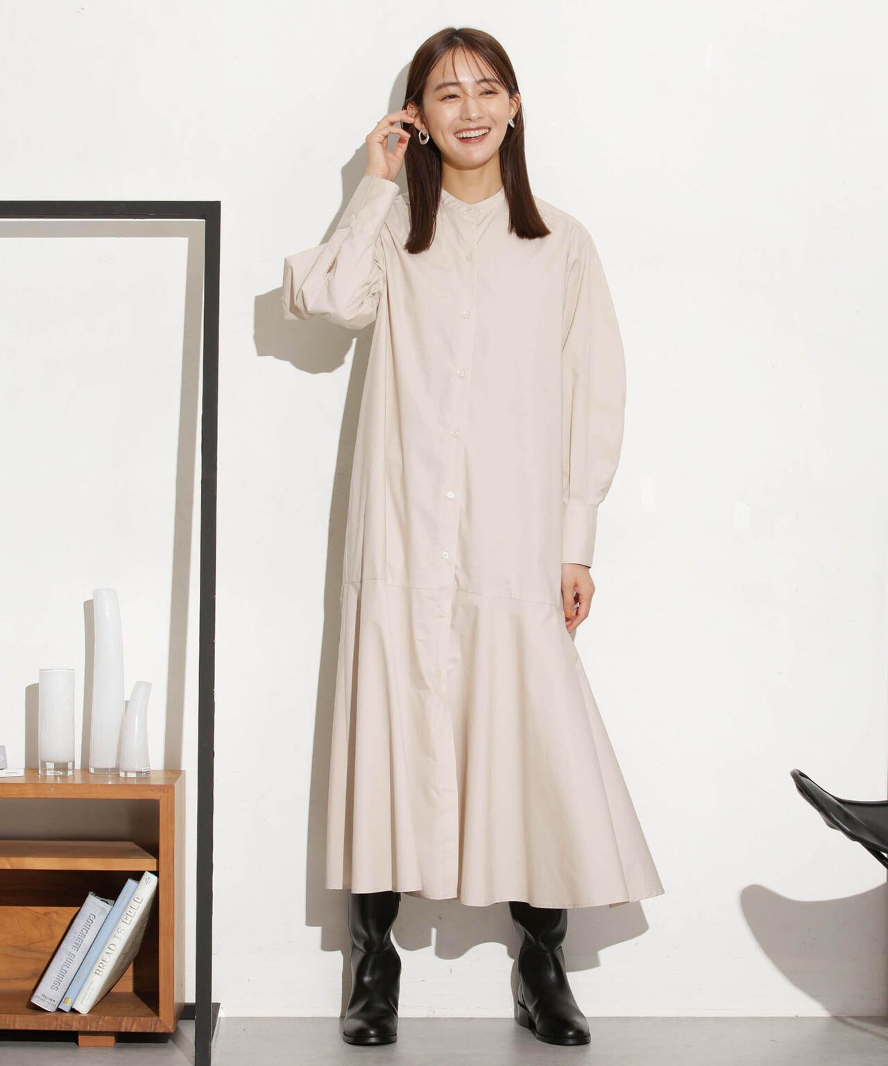 ヘムフレアバンドカラーシャツワンピース 6693219316