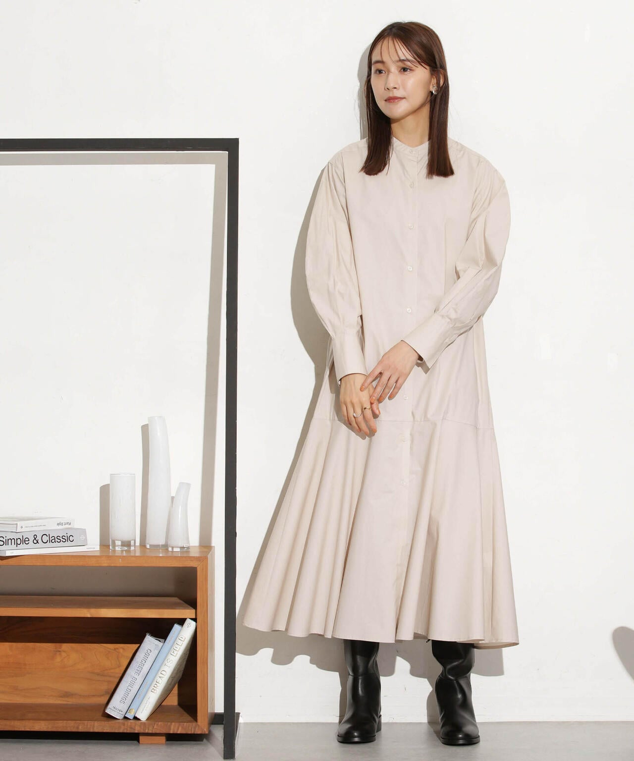 ヘムフレアバンドカラーシャツワンピース 6693219316