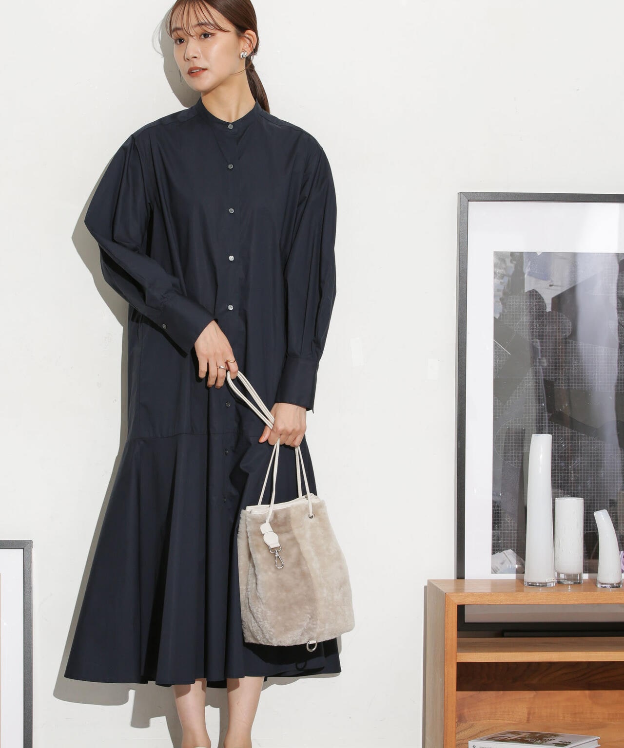 ヘムフレアバンドカラーシャツワンピース 6693219316