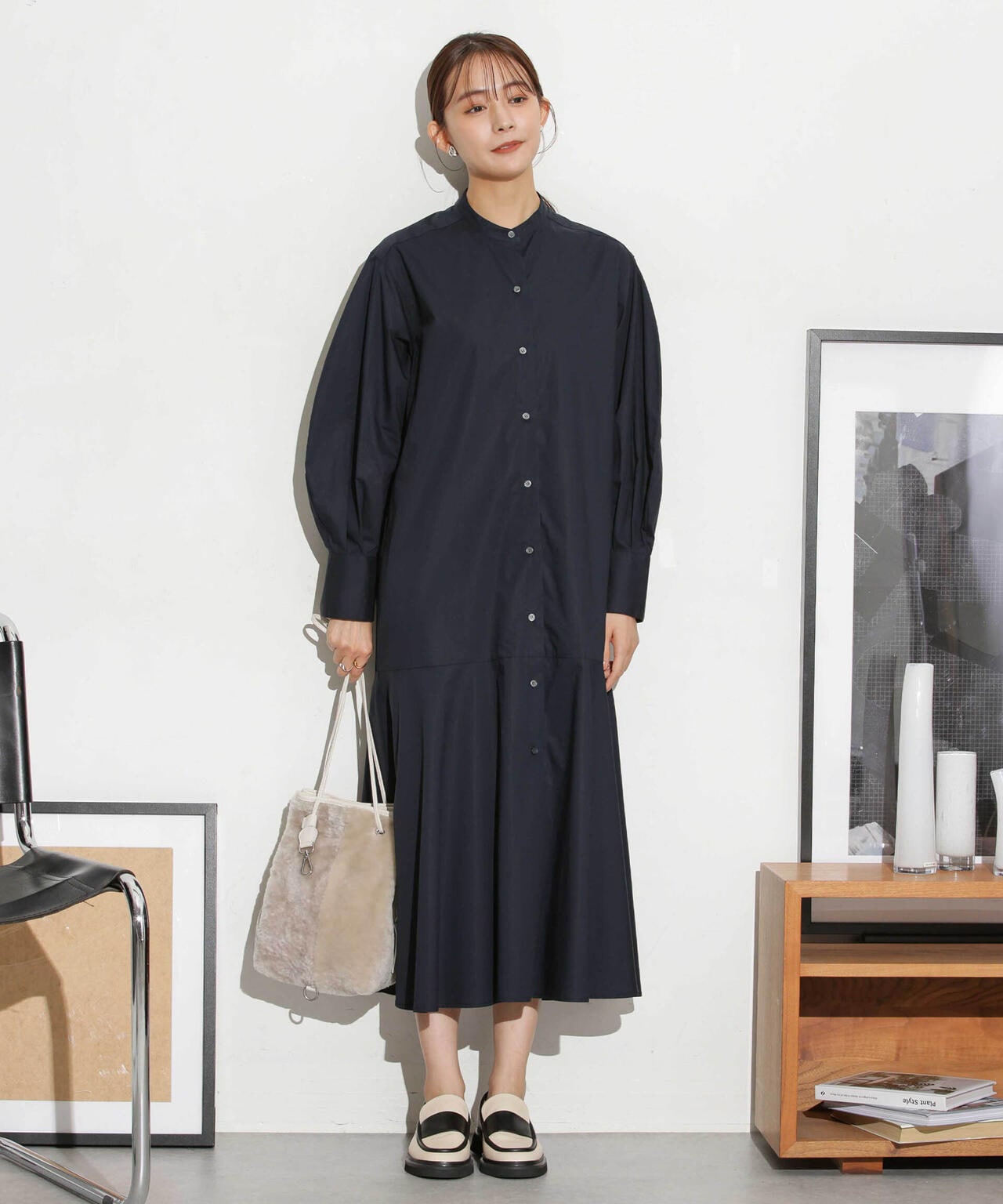 ヘムフレアバンドカラーシャツワンピース 6693219316