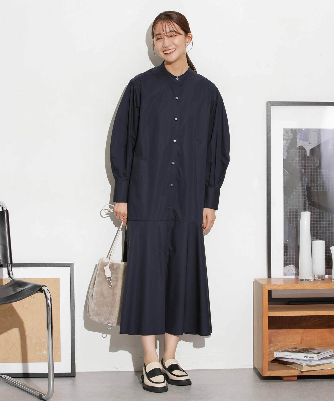 ヘムフレアバンドカラーシャツワンピース 6693219316