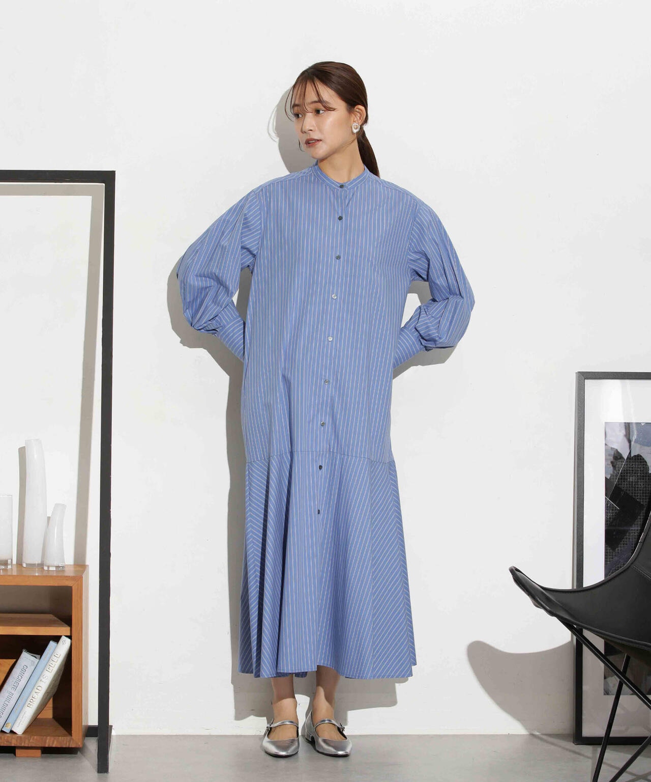 ヘムフレアバンドカラーシャツワンピース 6693219316