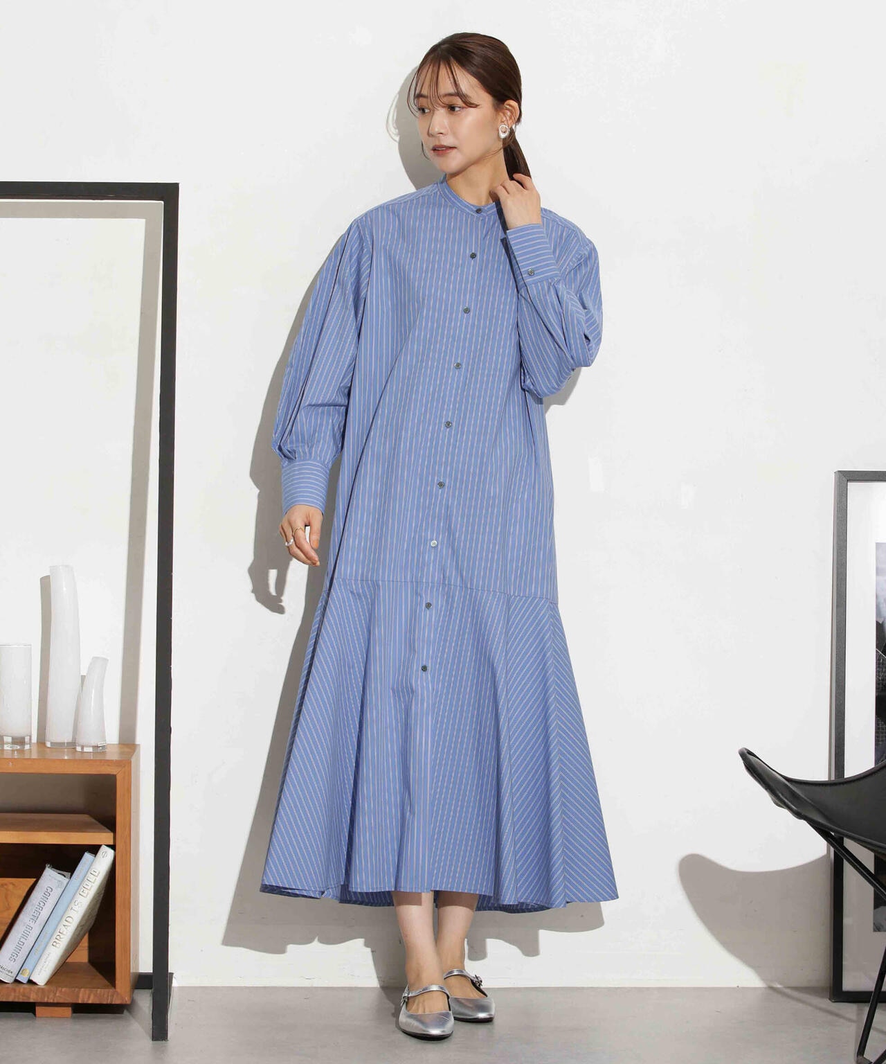 ヘムフレアバンドカラーシャツワンピース 6693219316