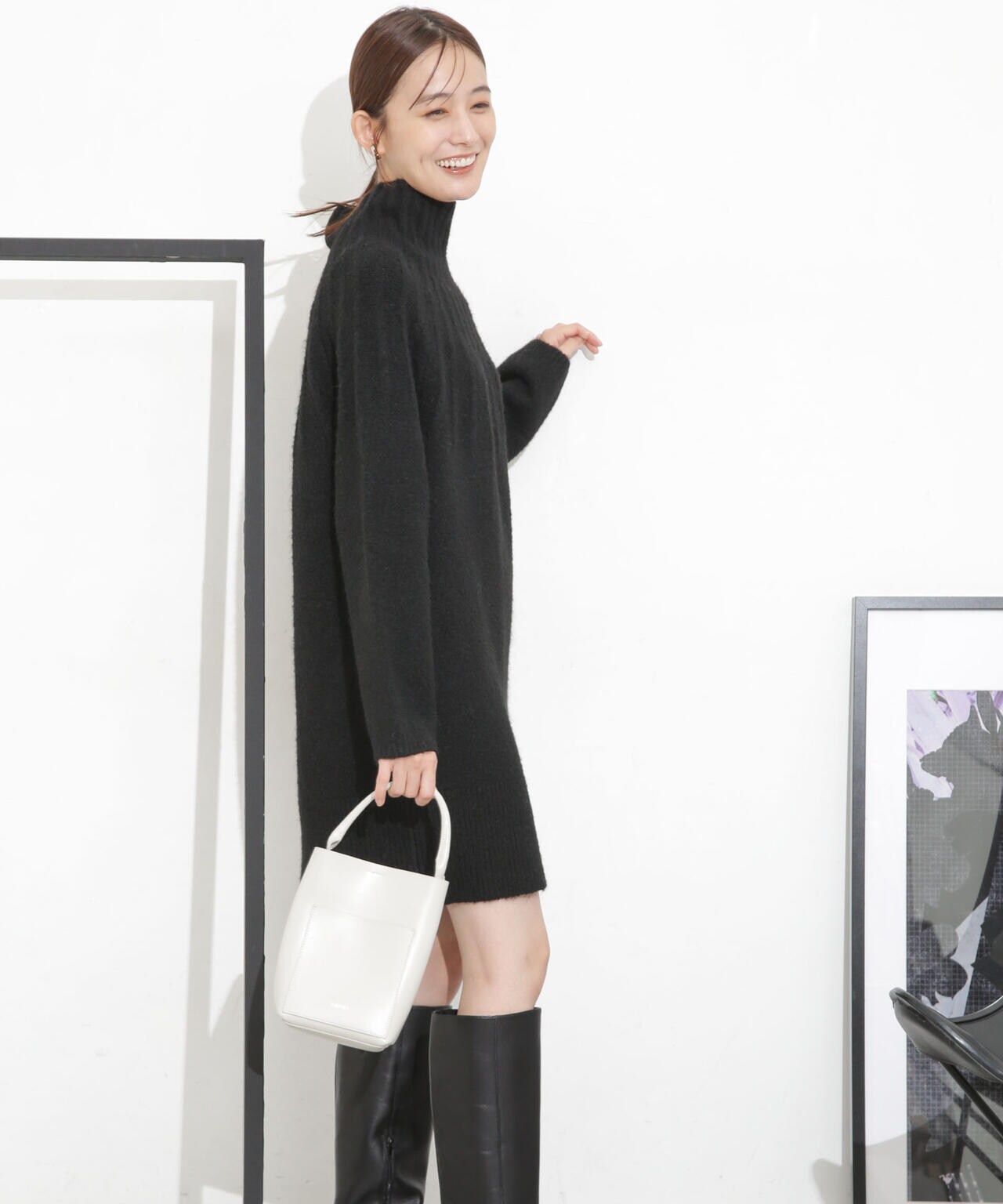 美品　ナノユニバース　プリーツ ニットワンピース 黒 mj2193-005.jpg