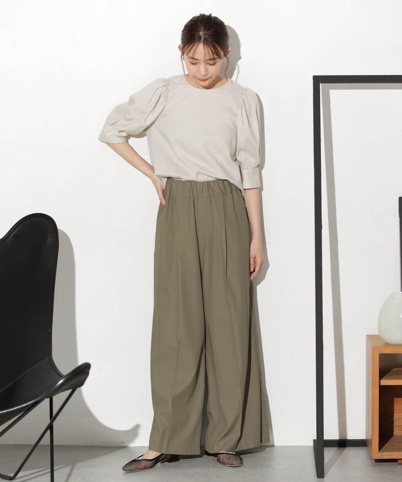 リネンブレンドギャザースリーブブラウス(セットアップ可) 6693221303