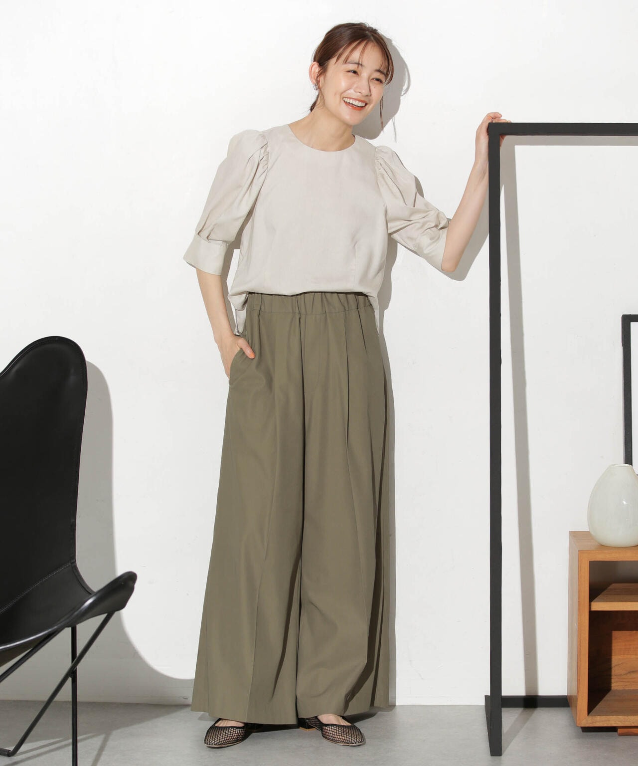 リネンブレンドギャザースリーブブラウス(セットアップ可) 6693221303