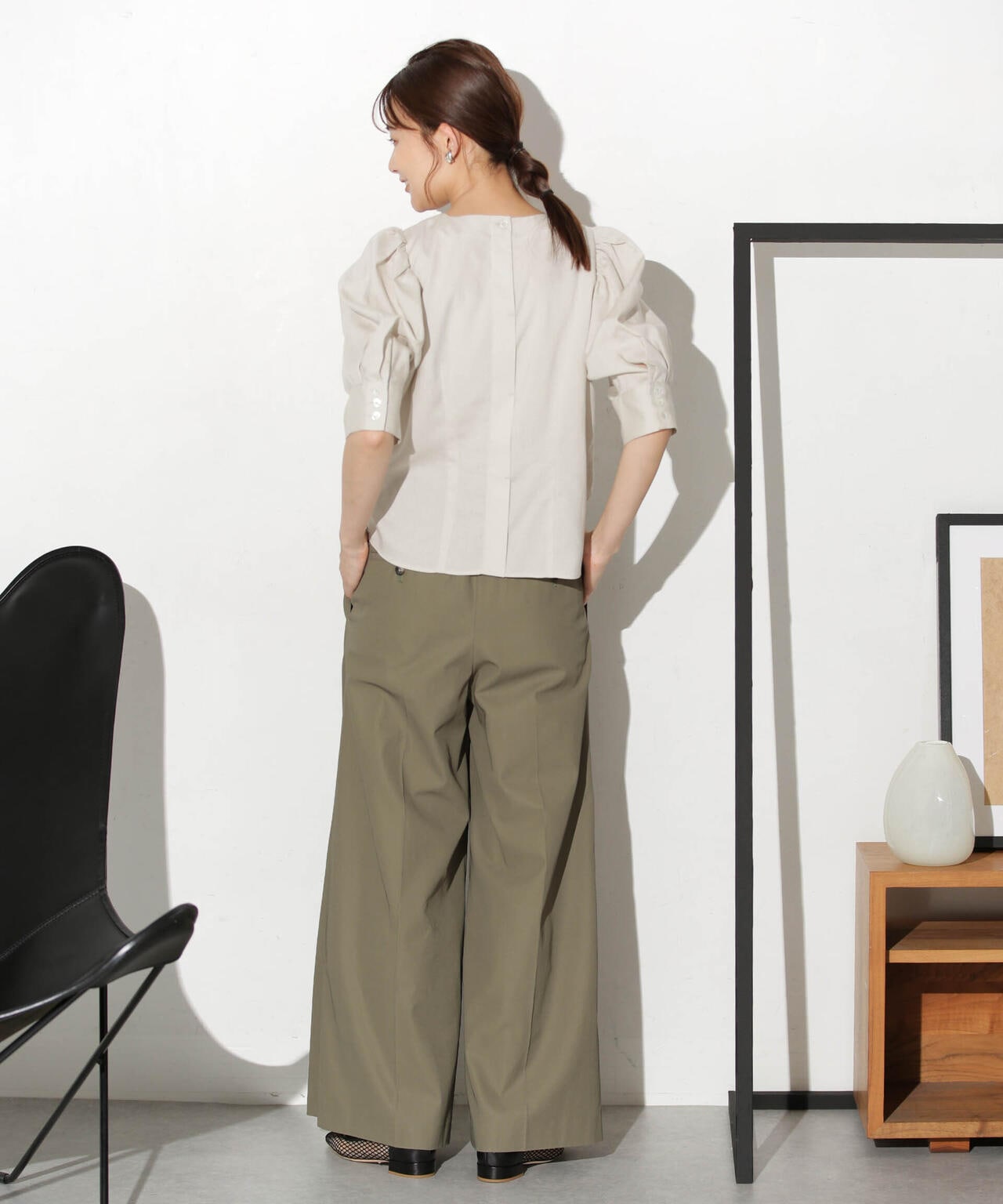 リネンブレンドギャザースリーブブラウス(セットアップ可) 6693221303