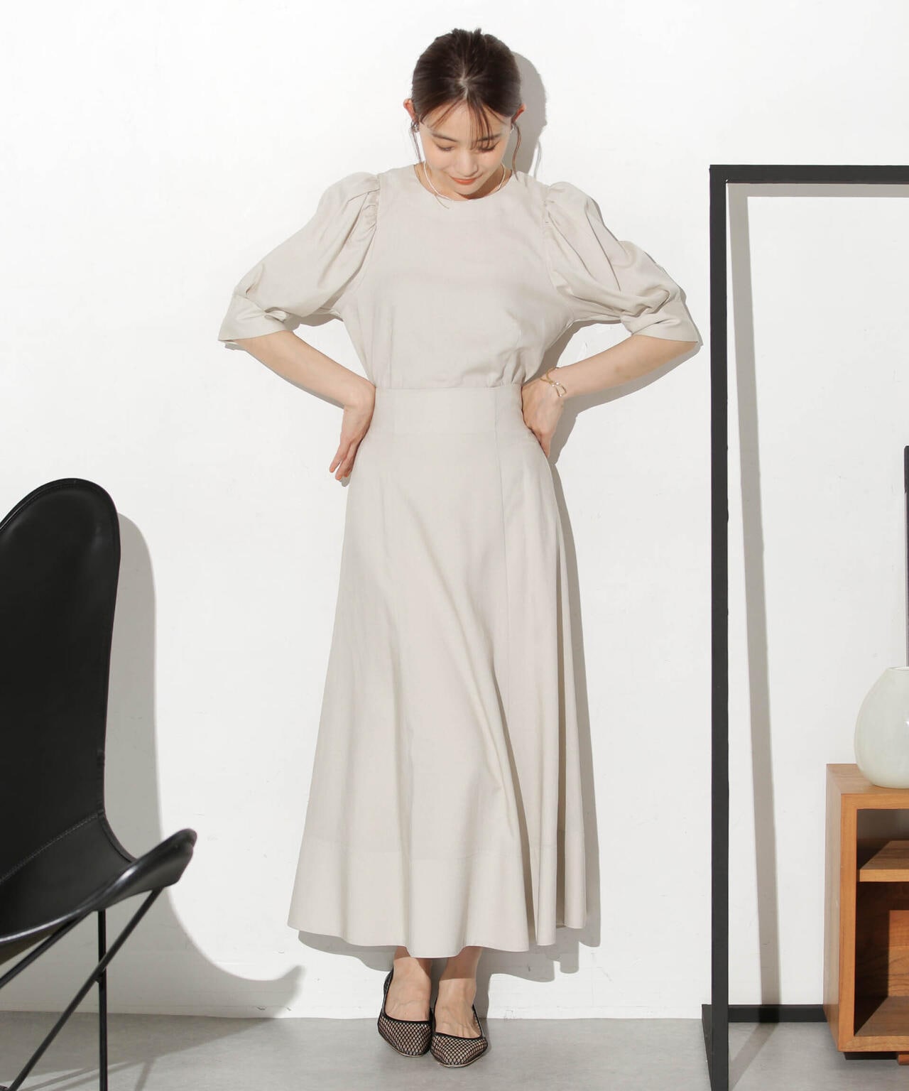 リネンブレンドギャザースリーブブラウス(セットアップ可) 6693221303