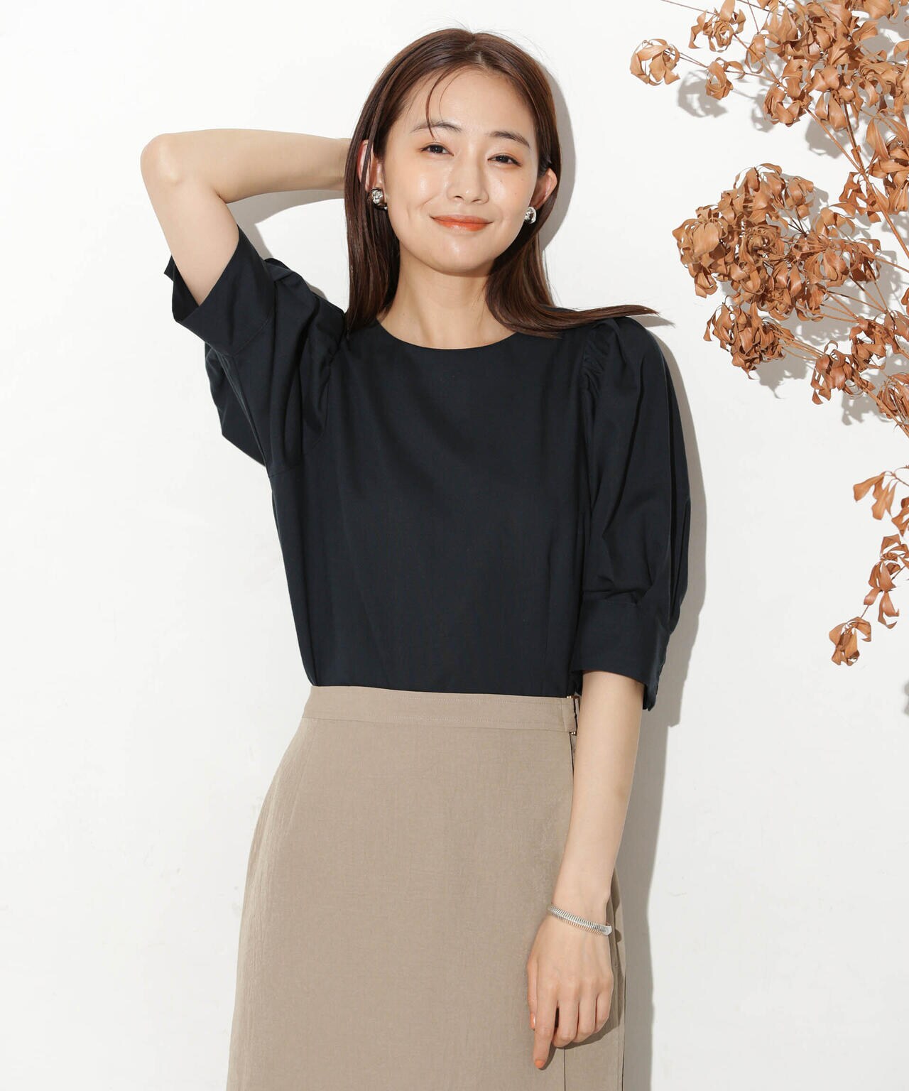 リネンブレンドギャザースリーブブラウス(セットアップ可) 6693221303