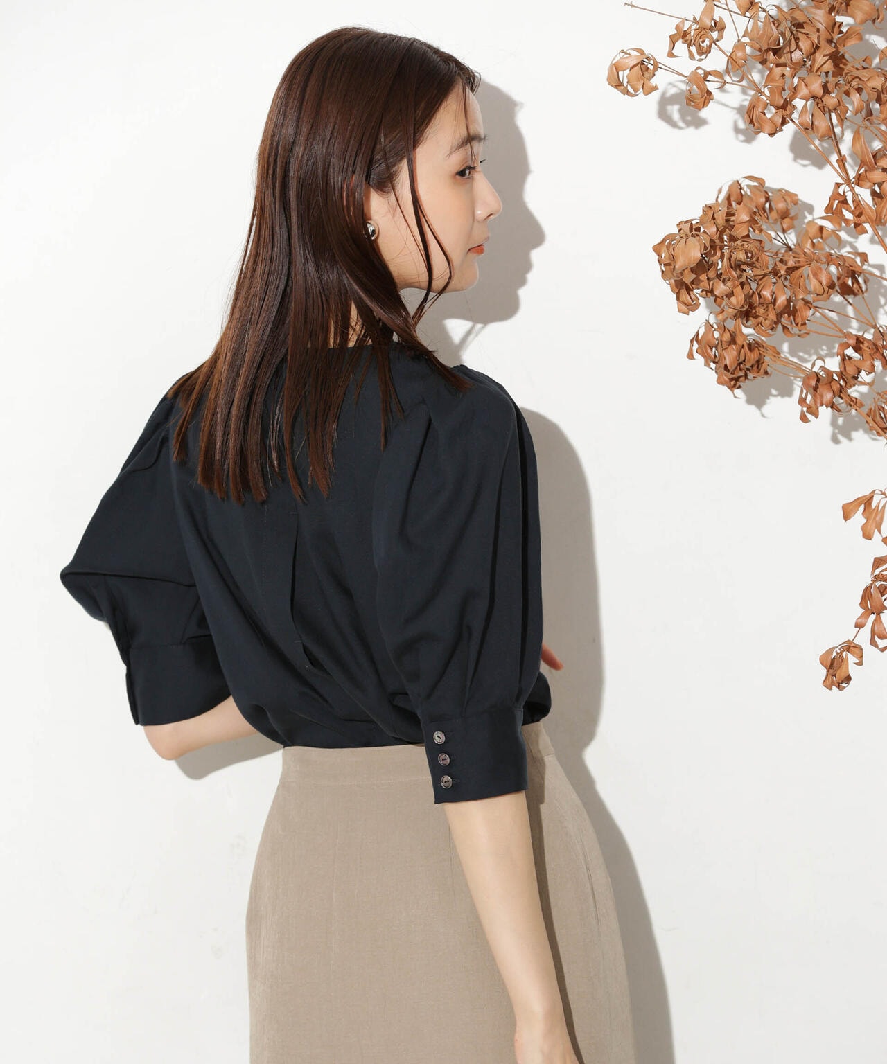 リネンブレンドギャザースリーブブラウス(セットアップ可) 6693221303