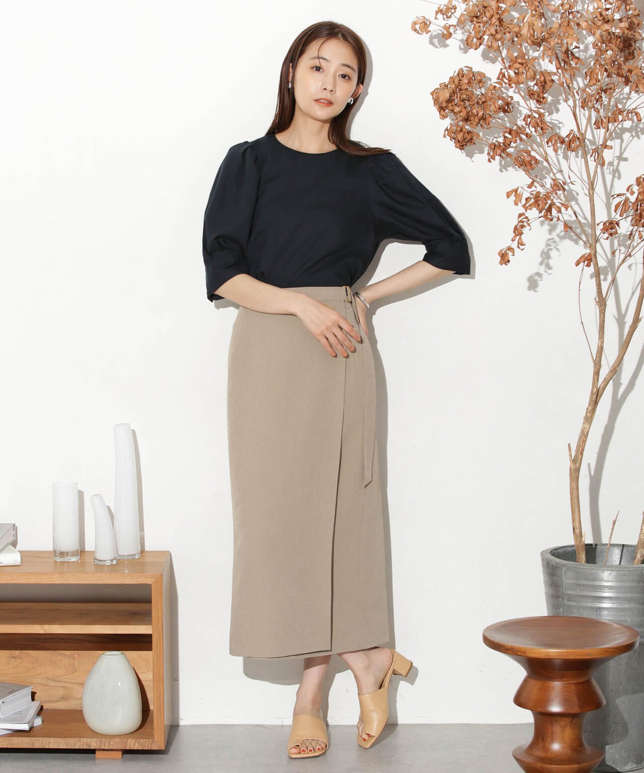 リネンブレンドギャザースリーブブラウス(セットアップ可) 6693221303