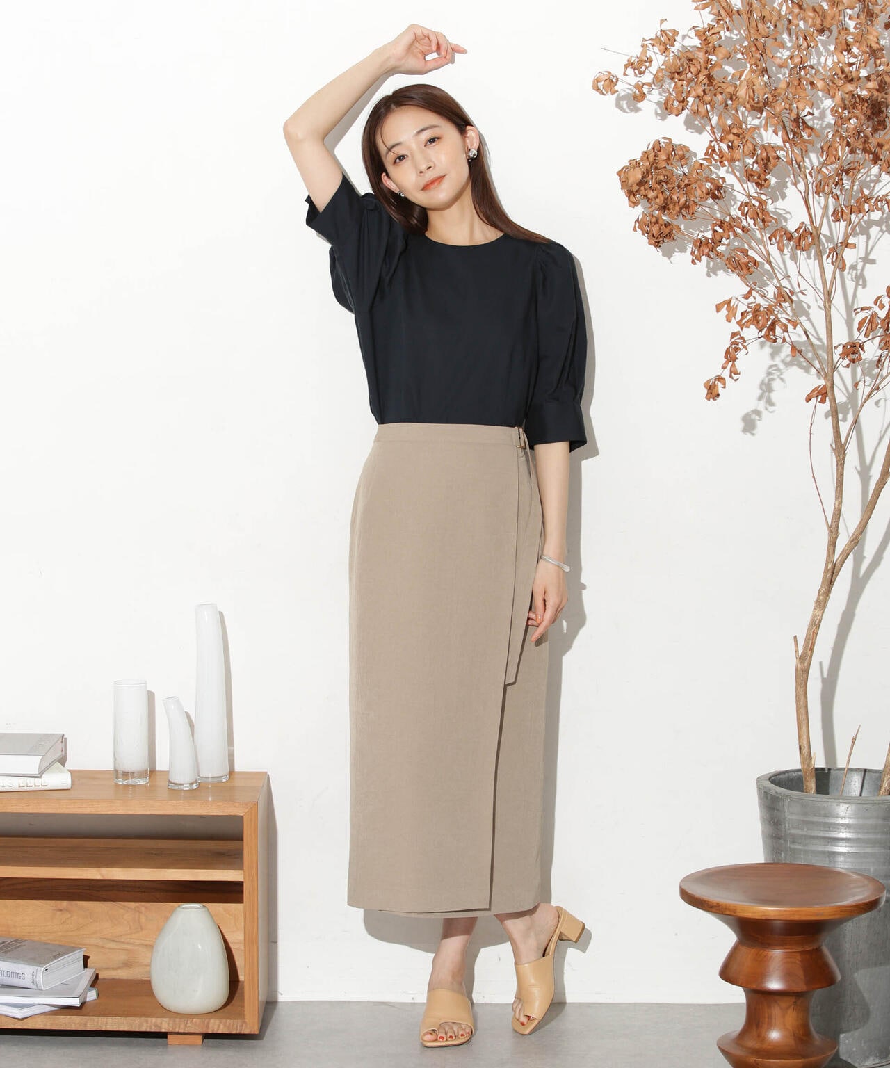 リネンブレンドギャザースリーブブラウス(セットアップ可) 6693221303