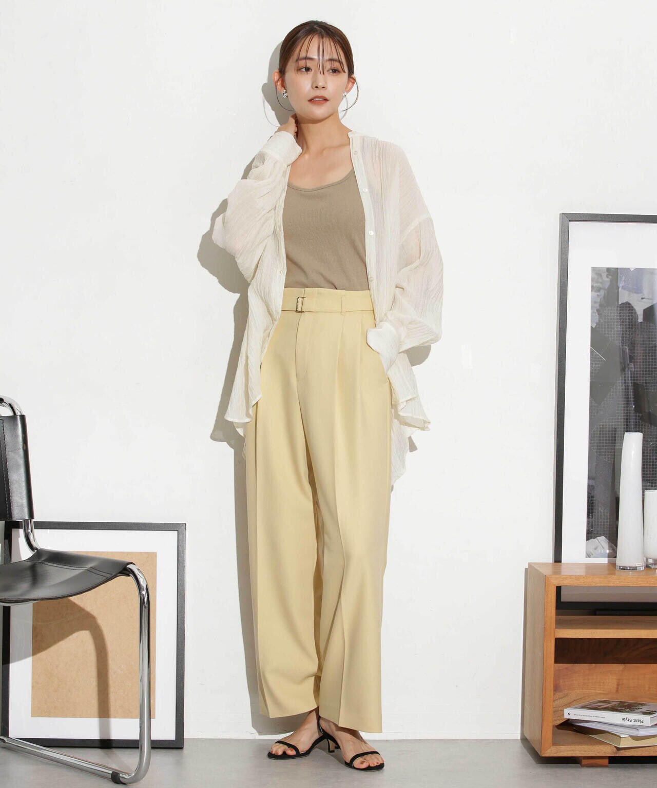 ベルト付きセミワイドツイルパンツ 6693227305