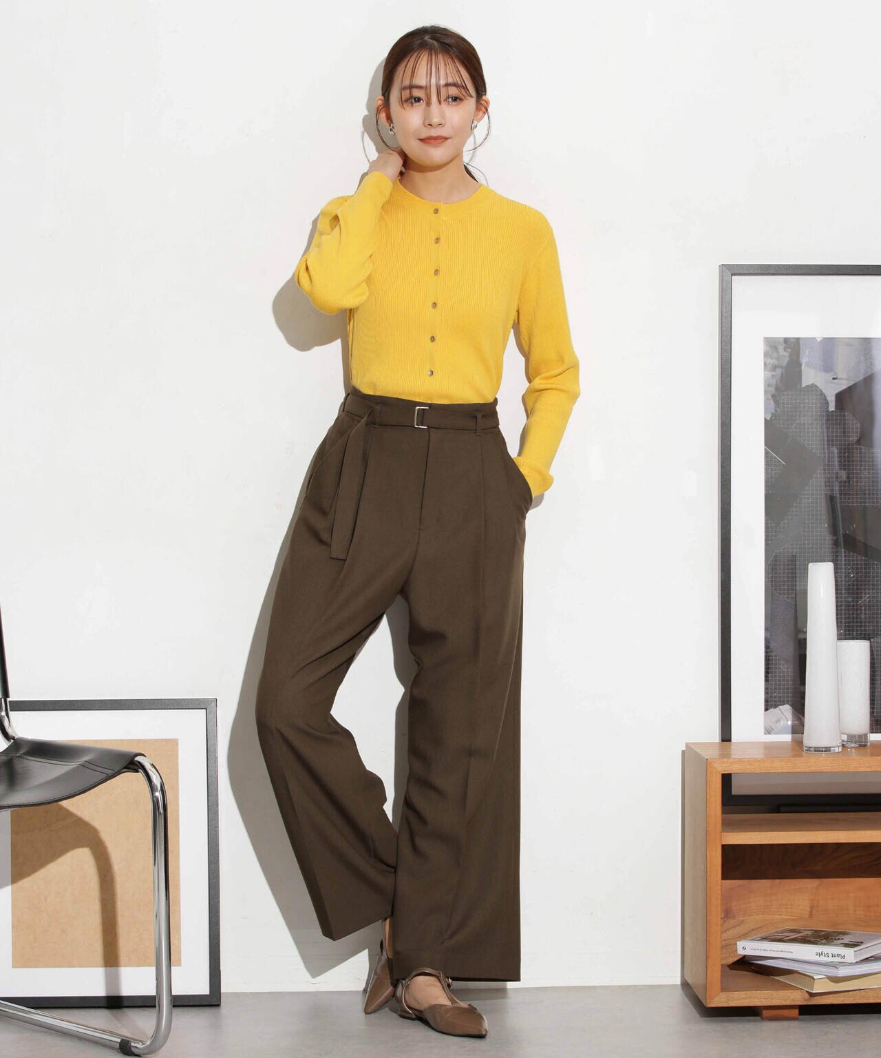 ベルト付きセミワイドツイルパンツ 6693227305