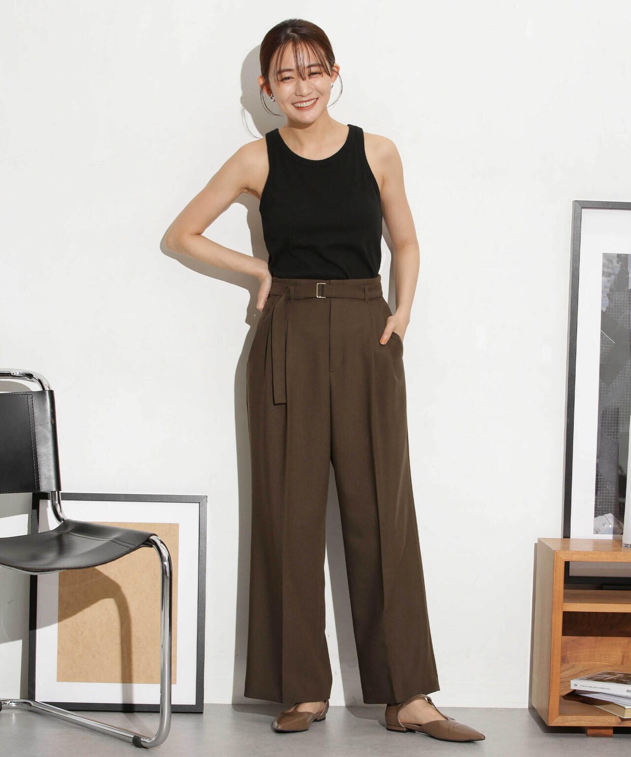 ベルト付きセミワイドツイルパンツ 6693227305