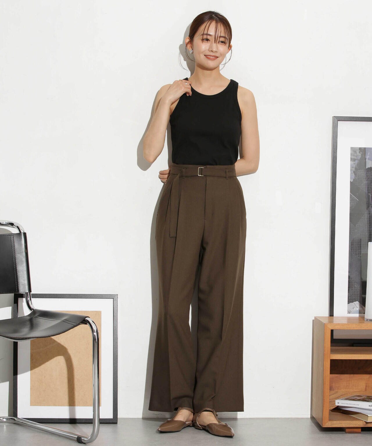 ベルト付きセミワイドツイルパンツ 6693227305